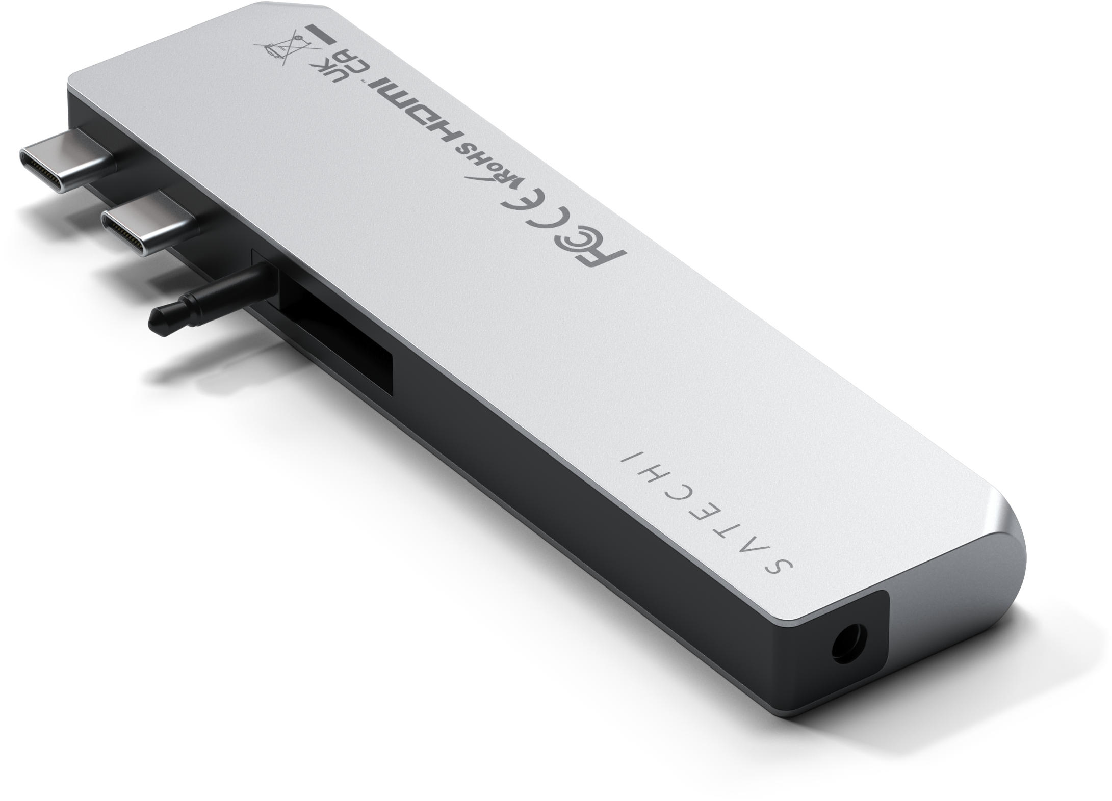 Ezüst USB-C hub, több porttal.