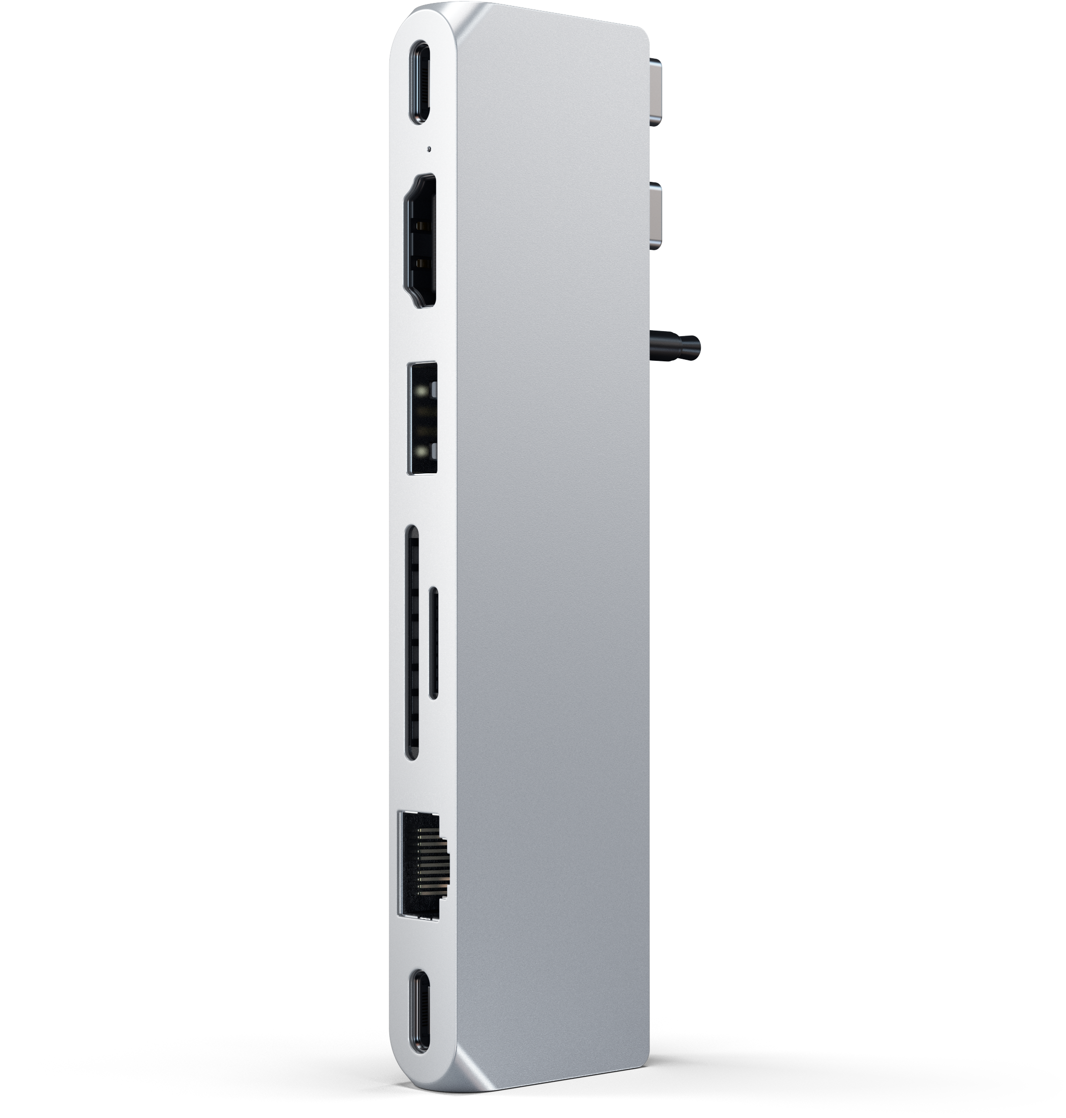 Ezüst USB-C hub több porttal. Portok: HDMI, USB és SD kártyaolvasó.
