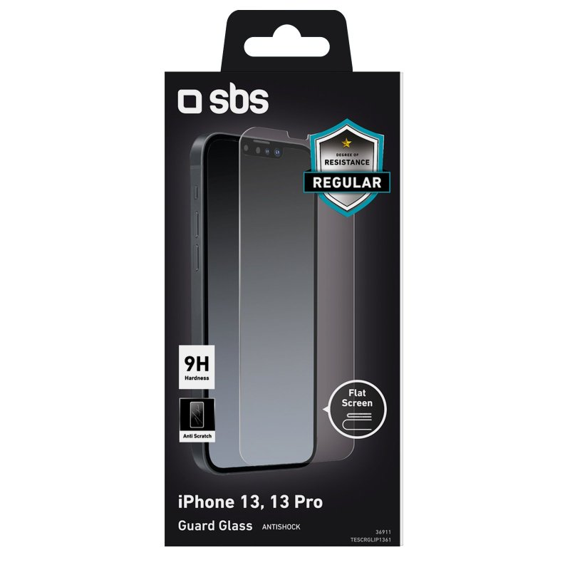 Eine schwarze und graue Displayschutzfolienverpackung. Die Marke ist sbs.