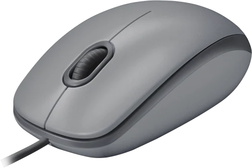 Eine graue Computermaus auf schwarzem Hintergrund.