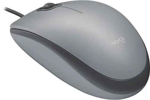 Eine graue Logitech-Maus mit einem Scrollrad. Die Maus liegt auf einer schwarzen Oberfläche. Das Logitech-Logo ist sichtbar.