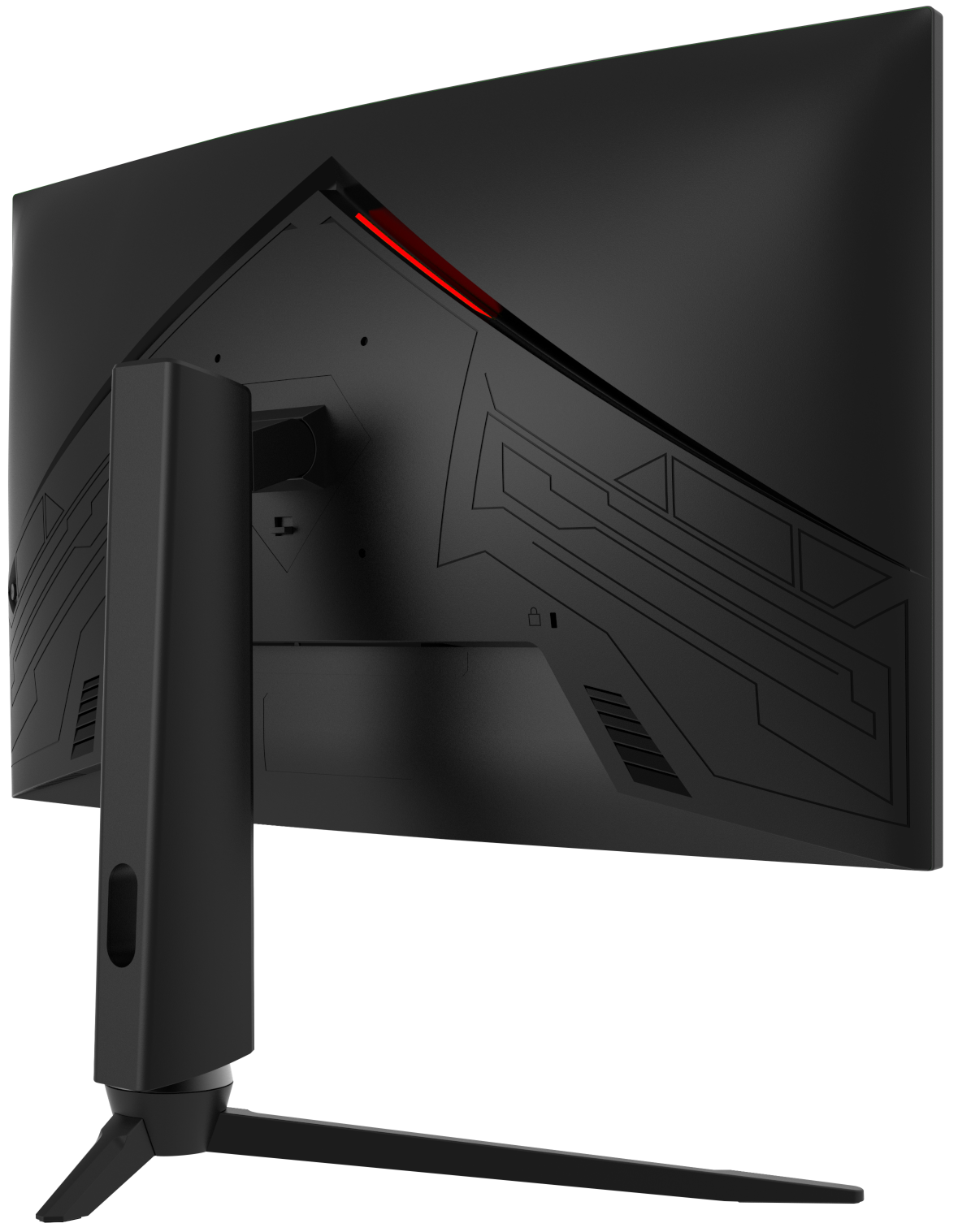 Widok z tyłu czarnego monitora komputerowego, podstawka i podstawa. Monitor ma czerwony akcent i logo.