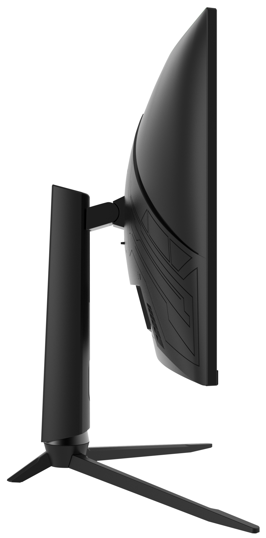 Czarny monitor komputera z boku, ze stojakiem i zakrzywionym ekranem.