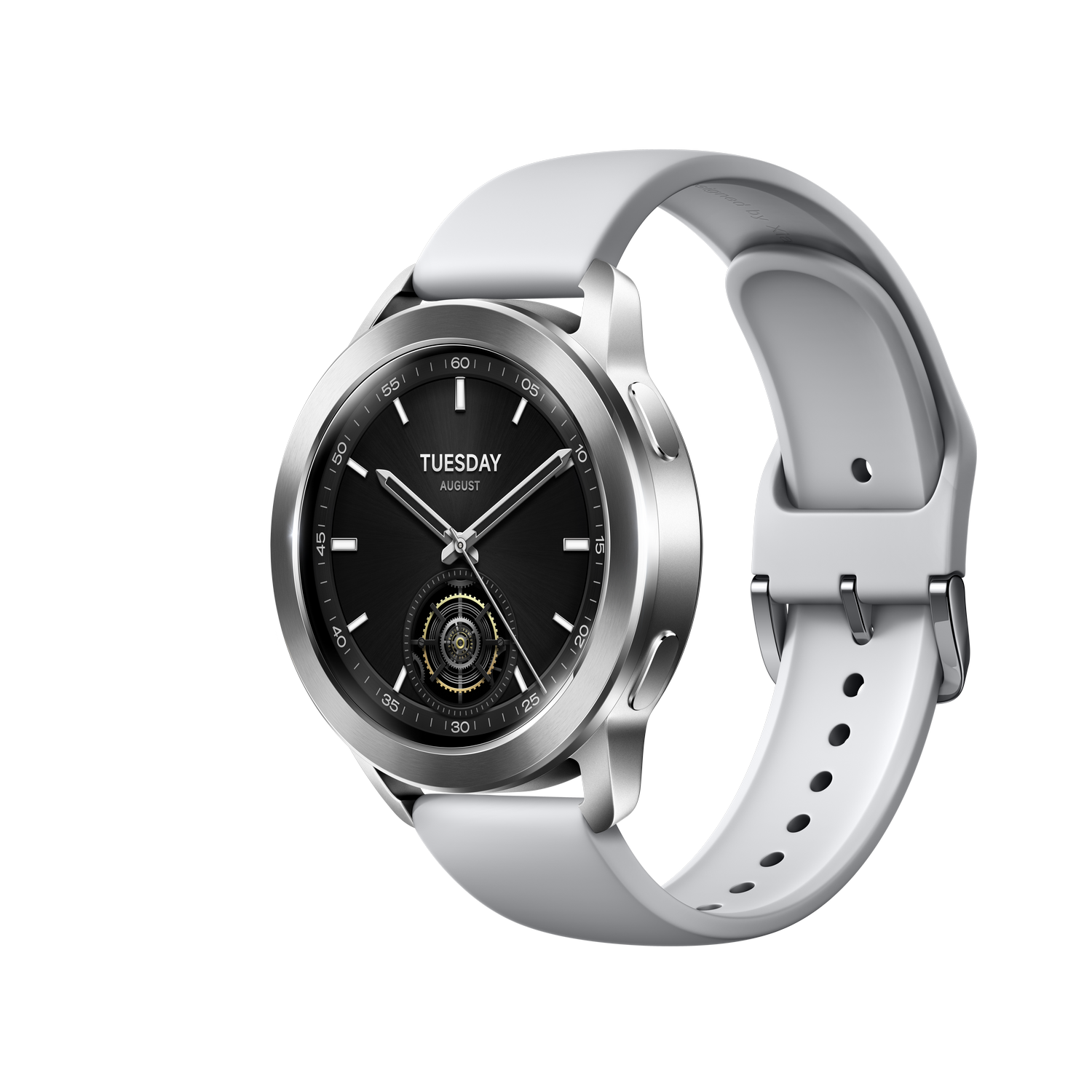 Un reloj inteligente plateado con esfera negra, correa blanca y pantalla que muestra martes, agosto.