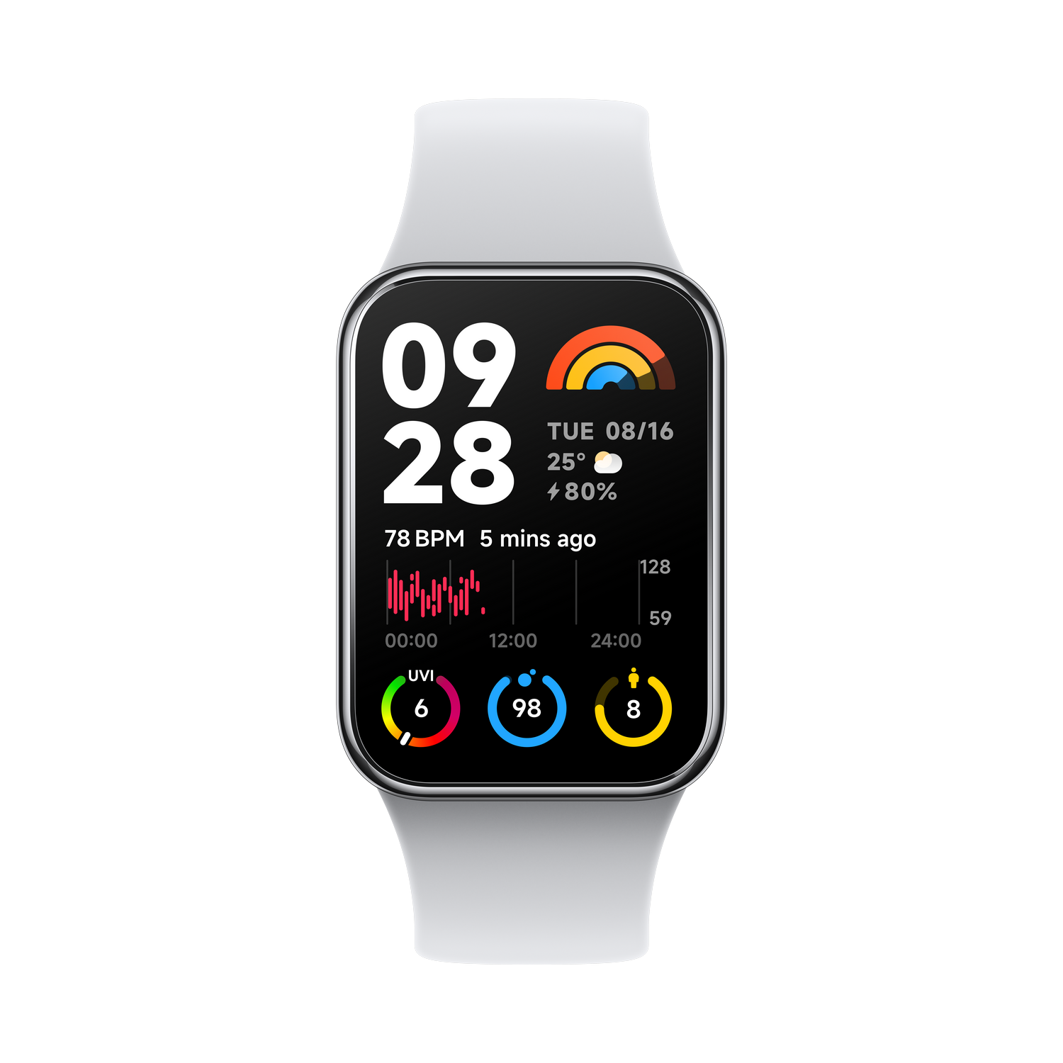 Un smartwatch muestra fecha, hora, clima y métricas de salud sobre fondo negro.