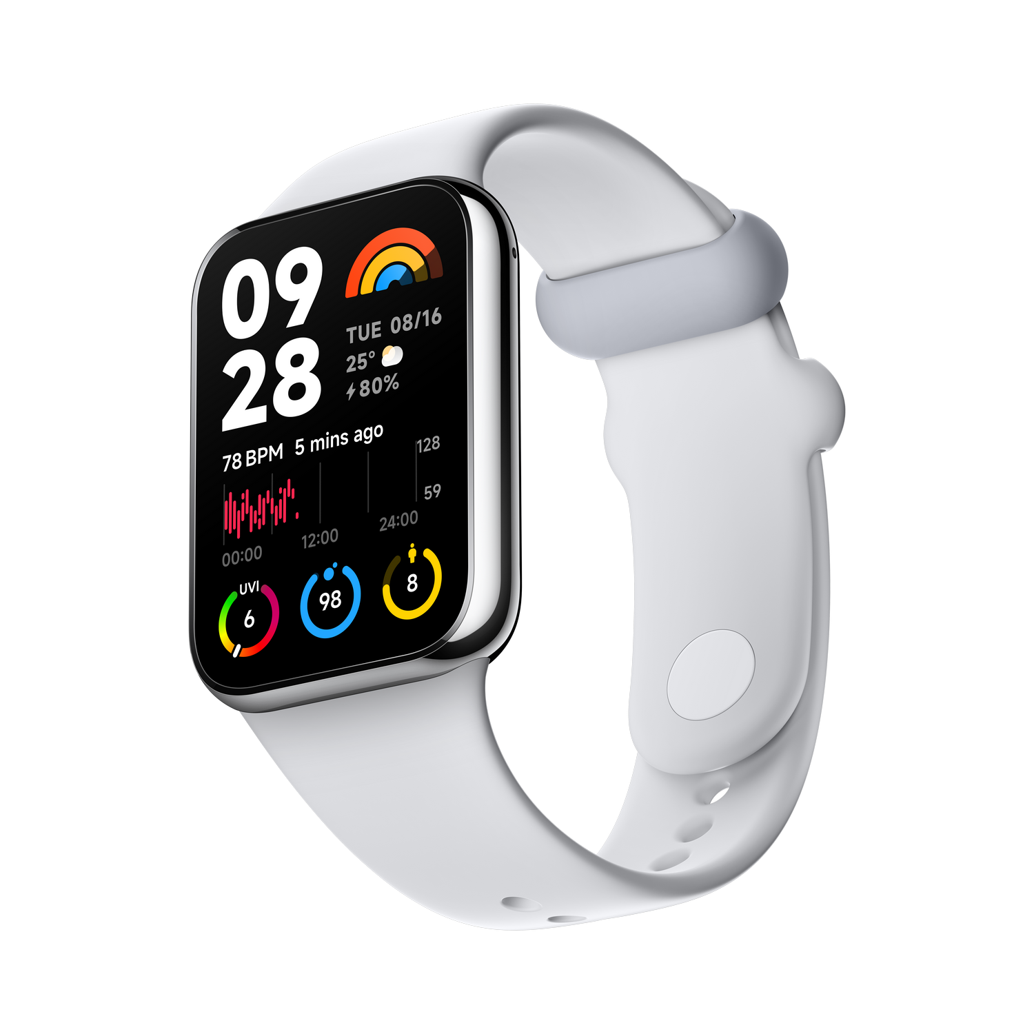 Smartwatch blanca con pantalla negra mostrando datos, correa gris claro.
