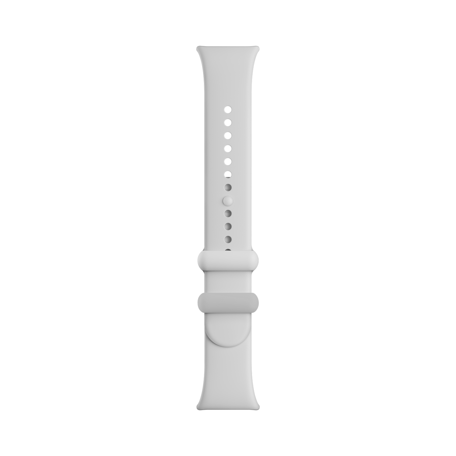 Correa de reloj blanca con múltiples agujeros, un cierre y fondo negro.