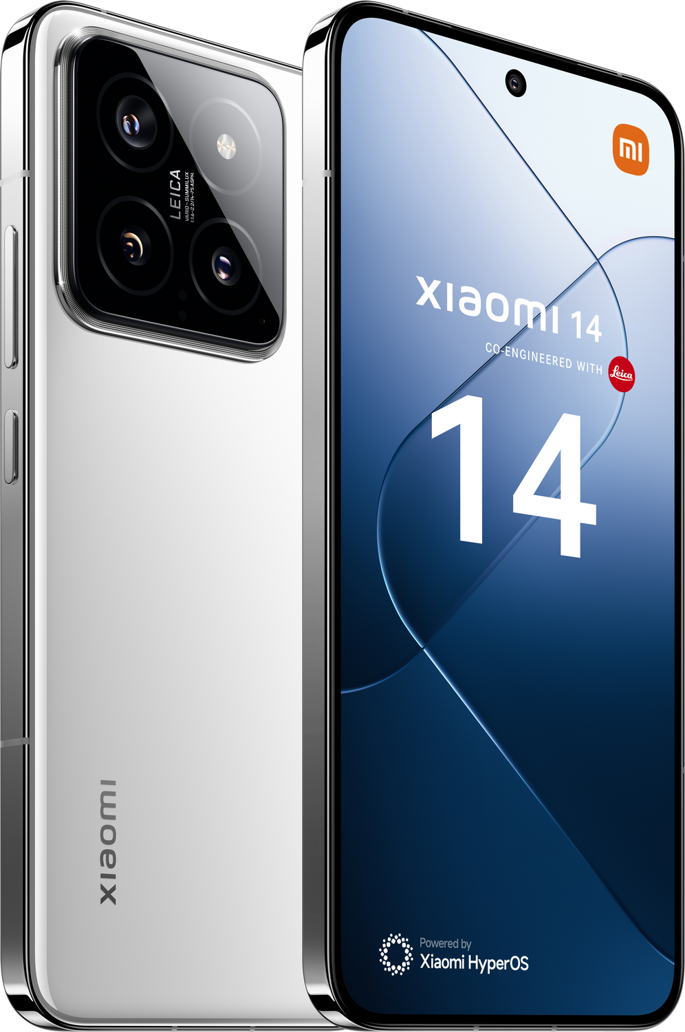 Teléfono Xiaomi 14 blanco, con cámaras Leica, sobre fondo blanco con pantalla azul.