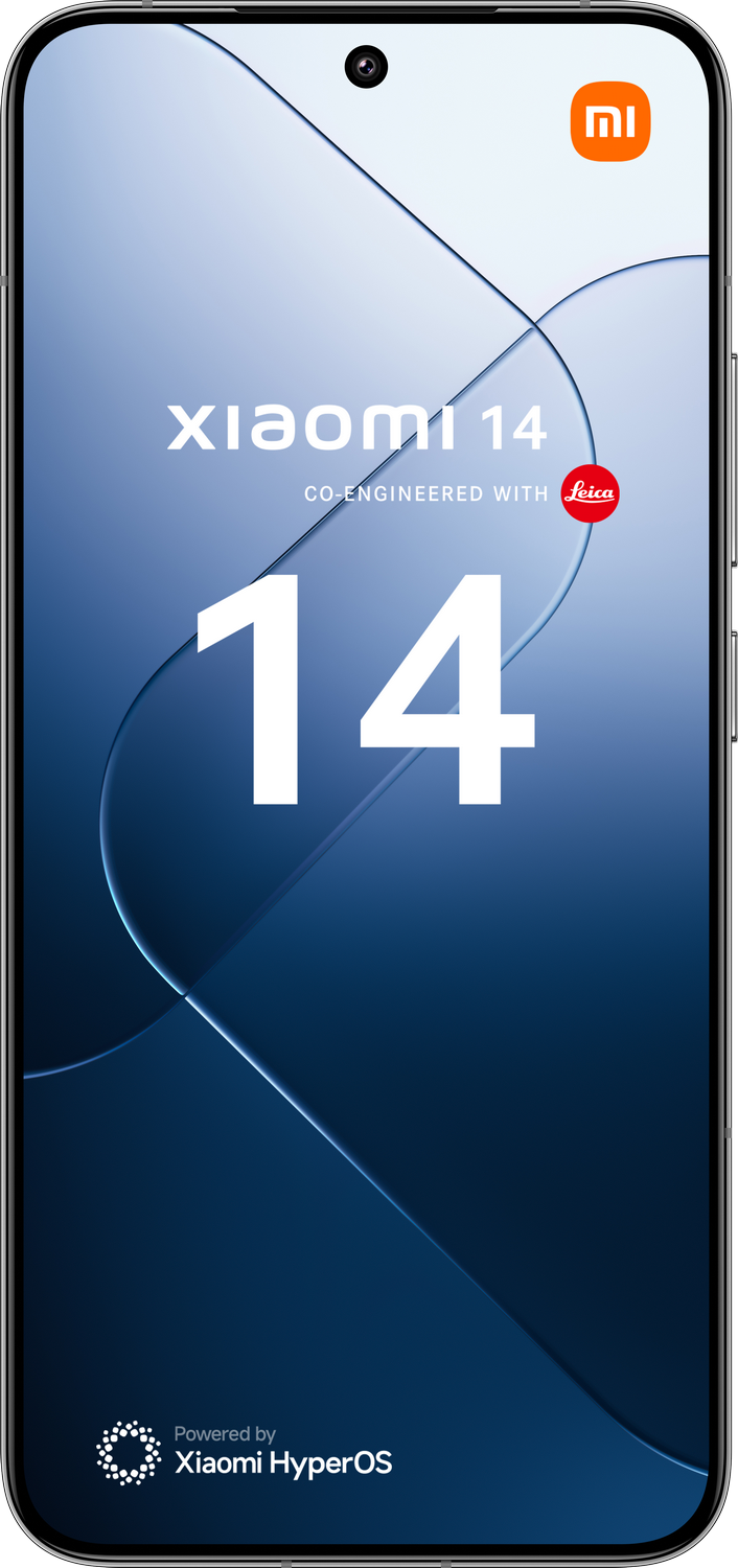 Smartphone con el logo Xiaomi 14, co-diseñado con Leica, sobre un fondo degradado.