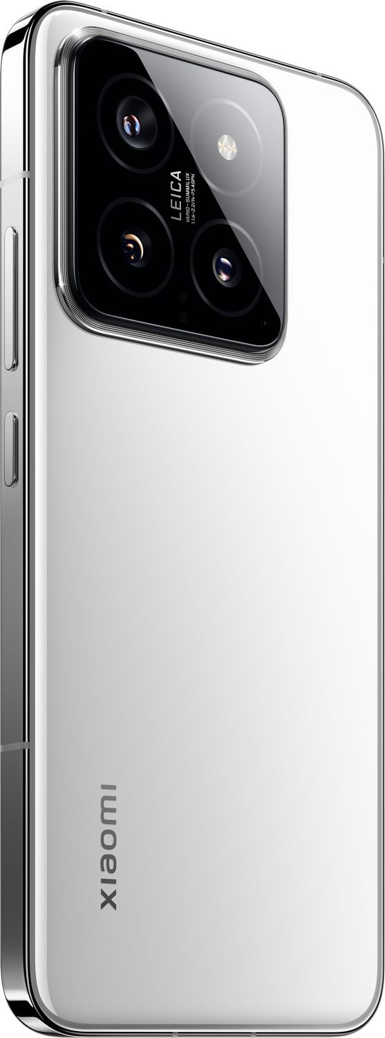 Smartphone blanco con sistema de cámara Leica en la parte trasera, marco plateado.