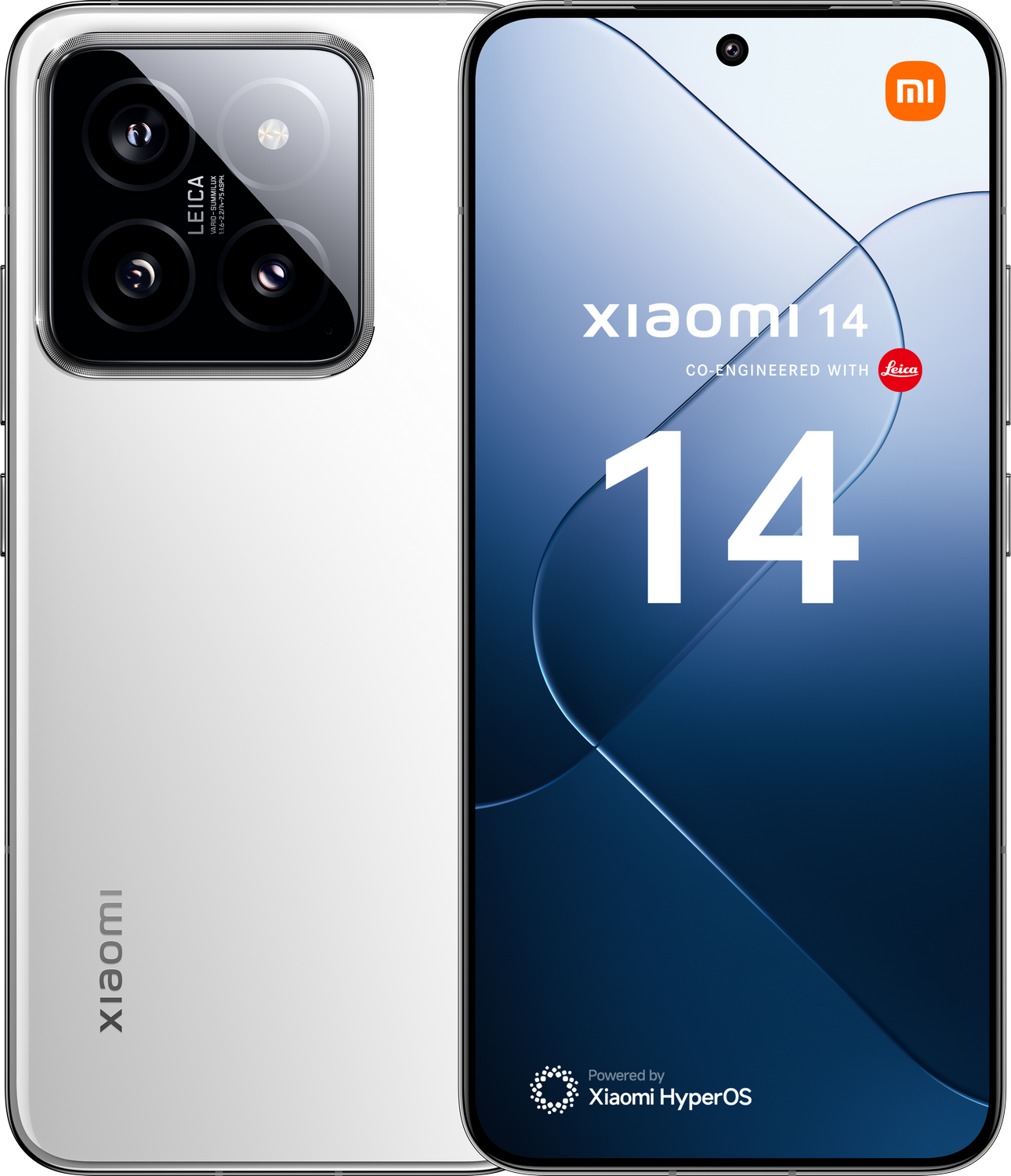 Teléfono Xiaomi 14 blanco y plateado, con cámara y logo de la marca en la parte trasera.