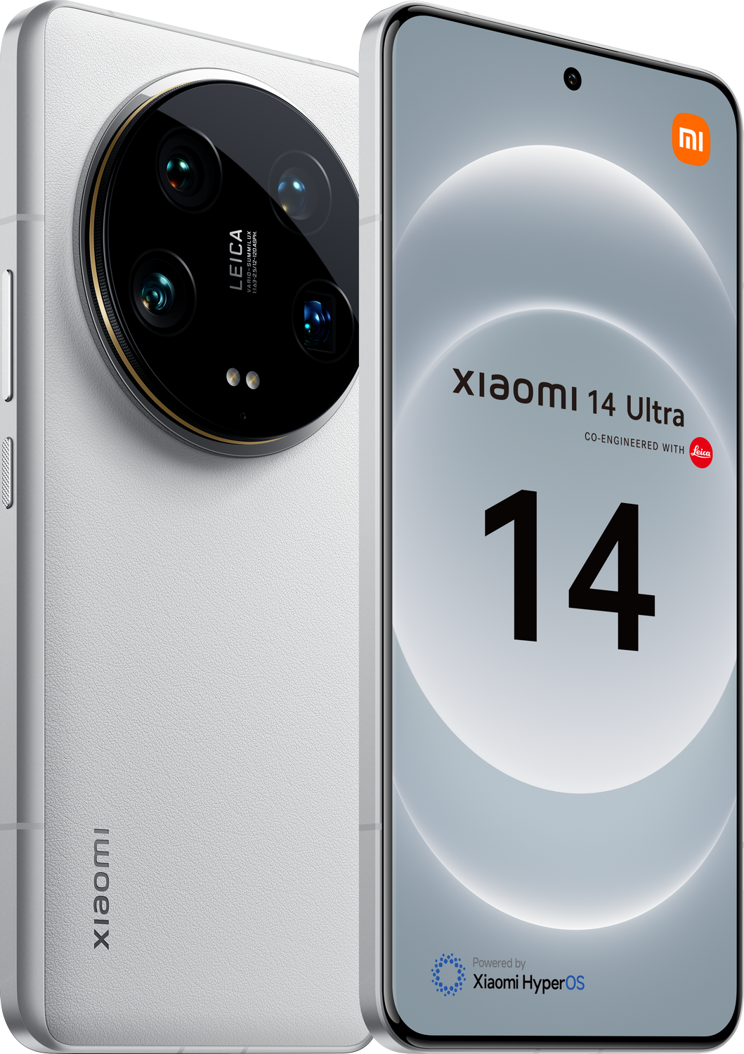 Smartphone blanco con módulo de cámara. El teléfono muestra '14' y 'Ultra'.