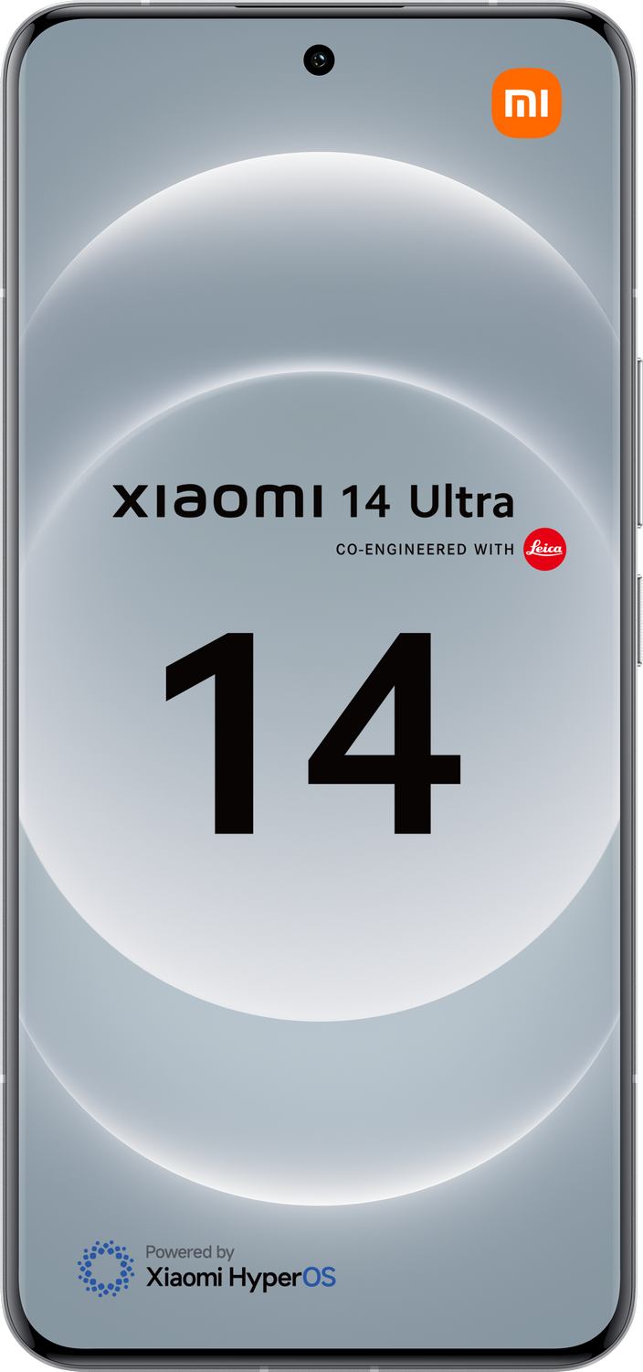 Smartphone Xiaomi 14 Ultra, vista frontal, sobre un fondo blanco. Visible el número 14 grande.
