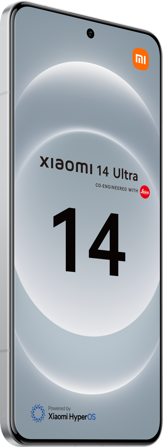 Un smartphone blanco con un gran módulo de cámara, el Xiaomi 14 Ultra, con un gran número central 14.