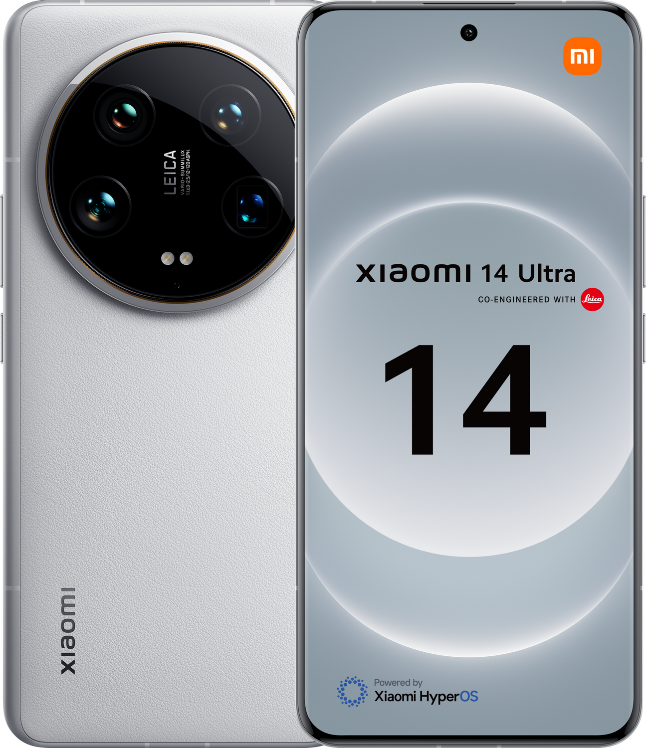 Teléfono Xiaomi 14 Ultra. Parte trasera blanca, dos teléfonos y texto en la pantalla.