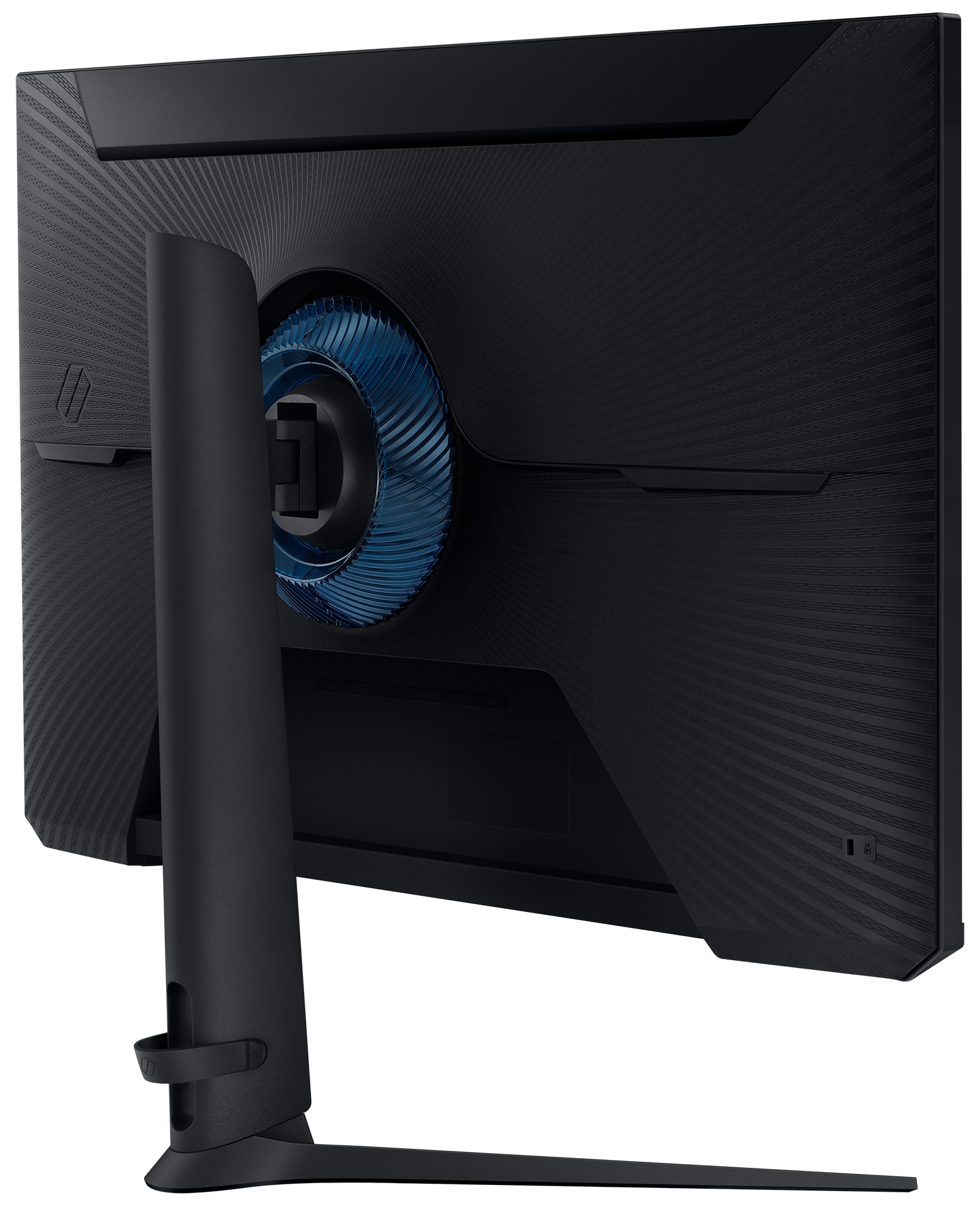 Tył czarnego monitora z niebieskim pierścieniem świetlnym. Monitor ma gamingowy design.