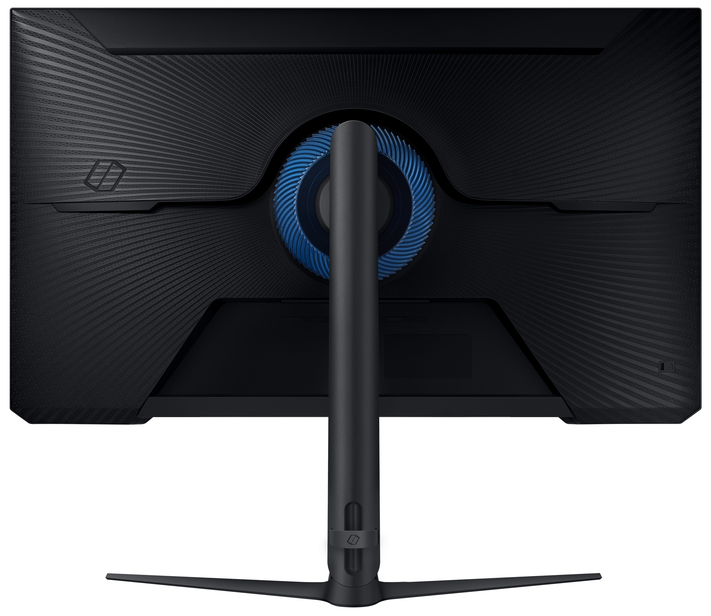 Widok z tyłu czarnego monitora do gier z niebieskim akcentem. Elegancki design.