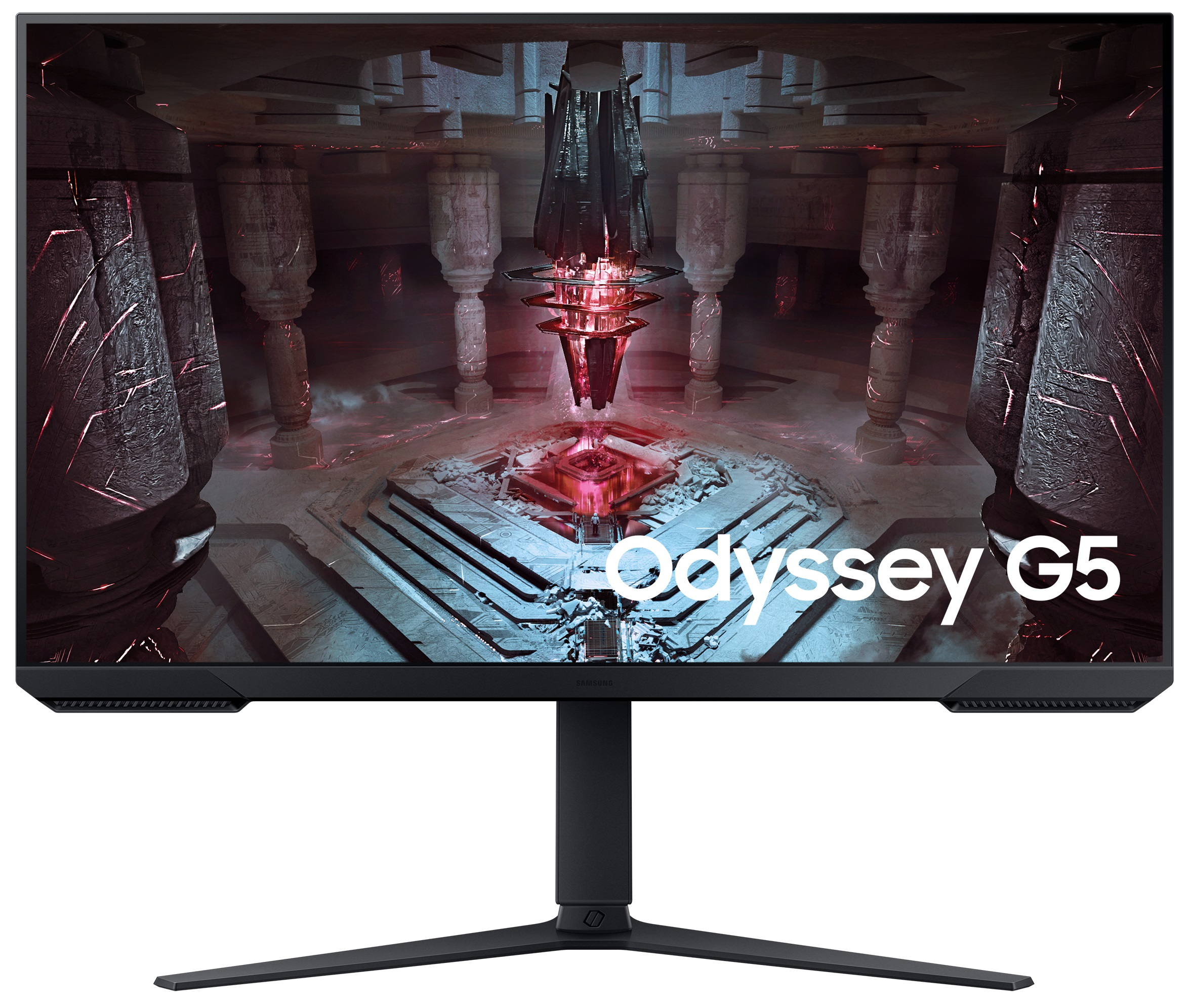 Monitor Samsung Odyssey G5 z wyświetlaną sceną z gry. Czarny stojak i ramka.