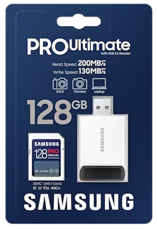 Karta SD i czytnik USB Samsung Pro Ultimate w niebiesko-białym opakowaniu.