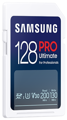 Karta SD Samsung 128GB PRO Ultimate, niebiesko-biały design, ze wskaźnikami prędkości odczytu/zapisu.