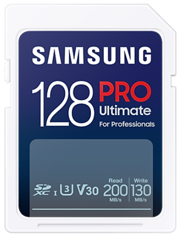 Niebiesko-biała karta SD Samsung 128 GB. Tekst: 128 Pro Ultimate For Professionals i prędkości odczytu/zapisu.