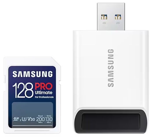 Karta SD Samsung Pro Ultimate i adapter USB, biało-czarny design.