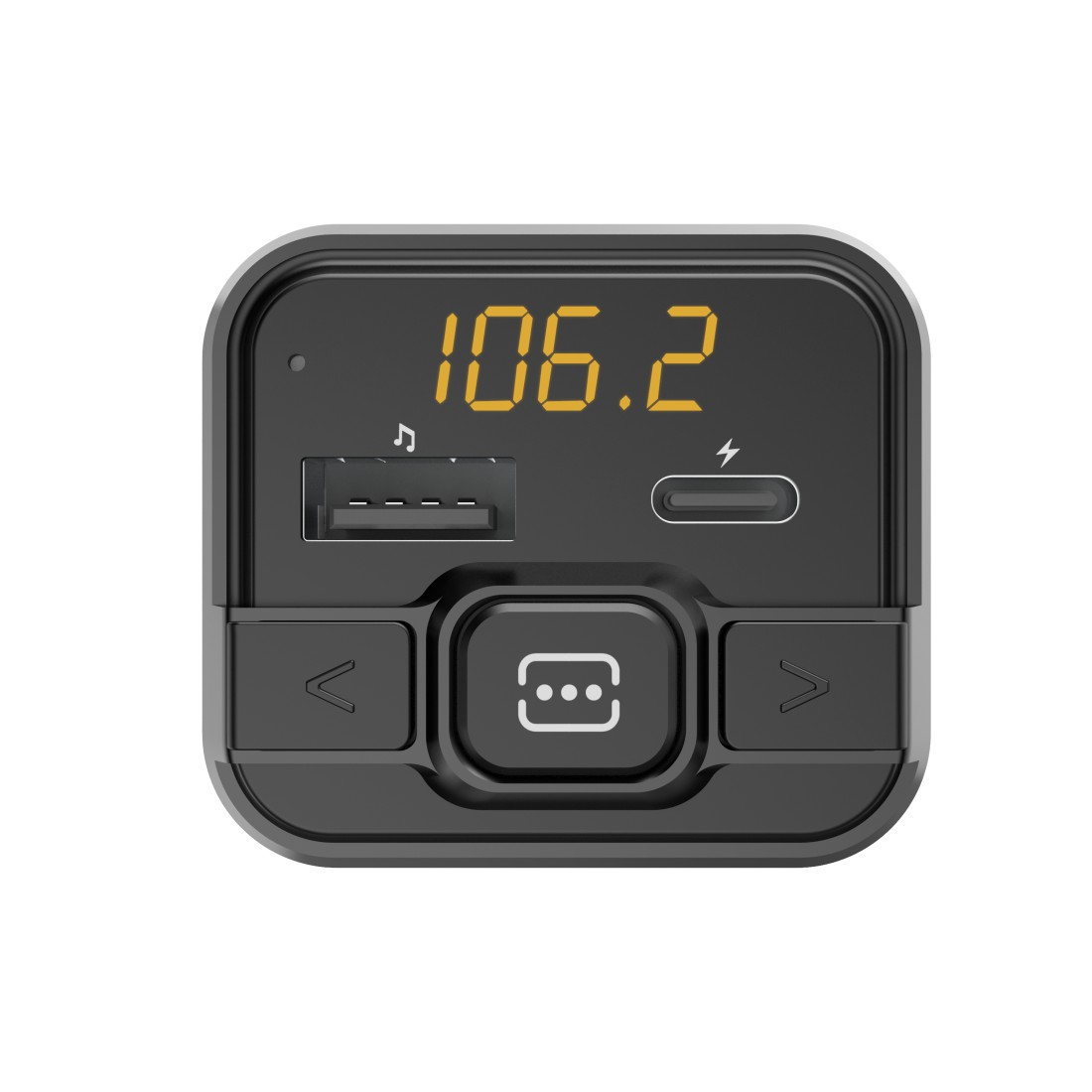 Schwarzer Auto-Adapter mit Digitalanzeige 106.2 und verschiedenen Tasten.