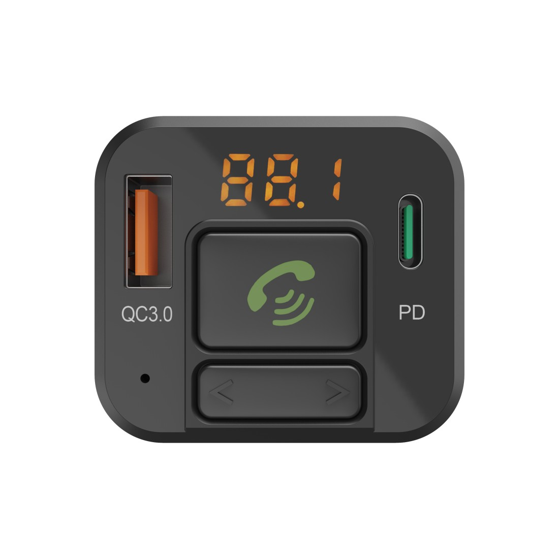 Schwarzes Autoladegerät mit digitaler Anzeige. USB- und PD-Anschluss sind sichtbar.