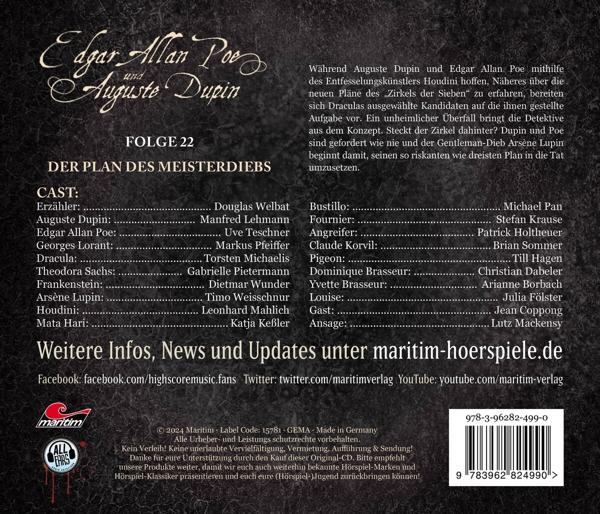 Die Rückseite einer DVD mit Text und Barcode. Der Titel lautet 'Edgar Allan Poe und Auguste Dupin'.