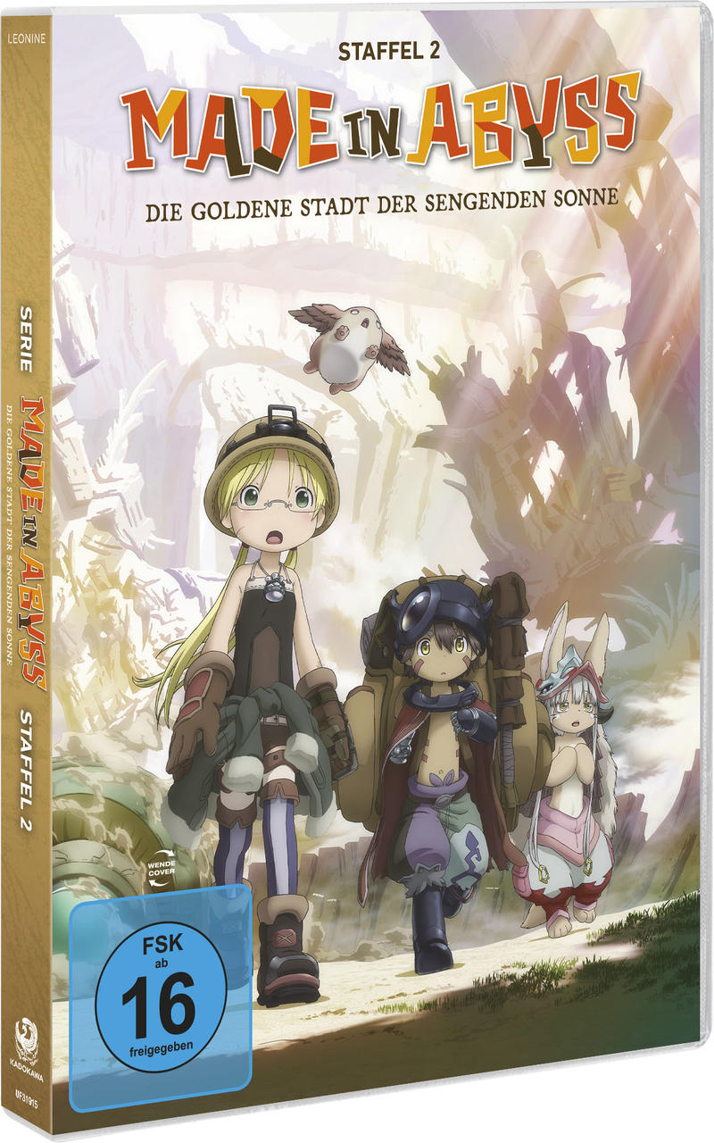 DVD-Cover für den Anime "Made in Abyss", mit Charakteren und Artwork. Text auf Deutsch und japanischen Zeichen.