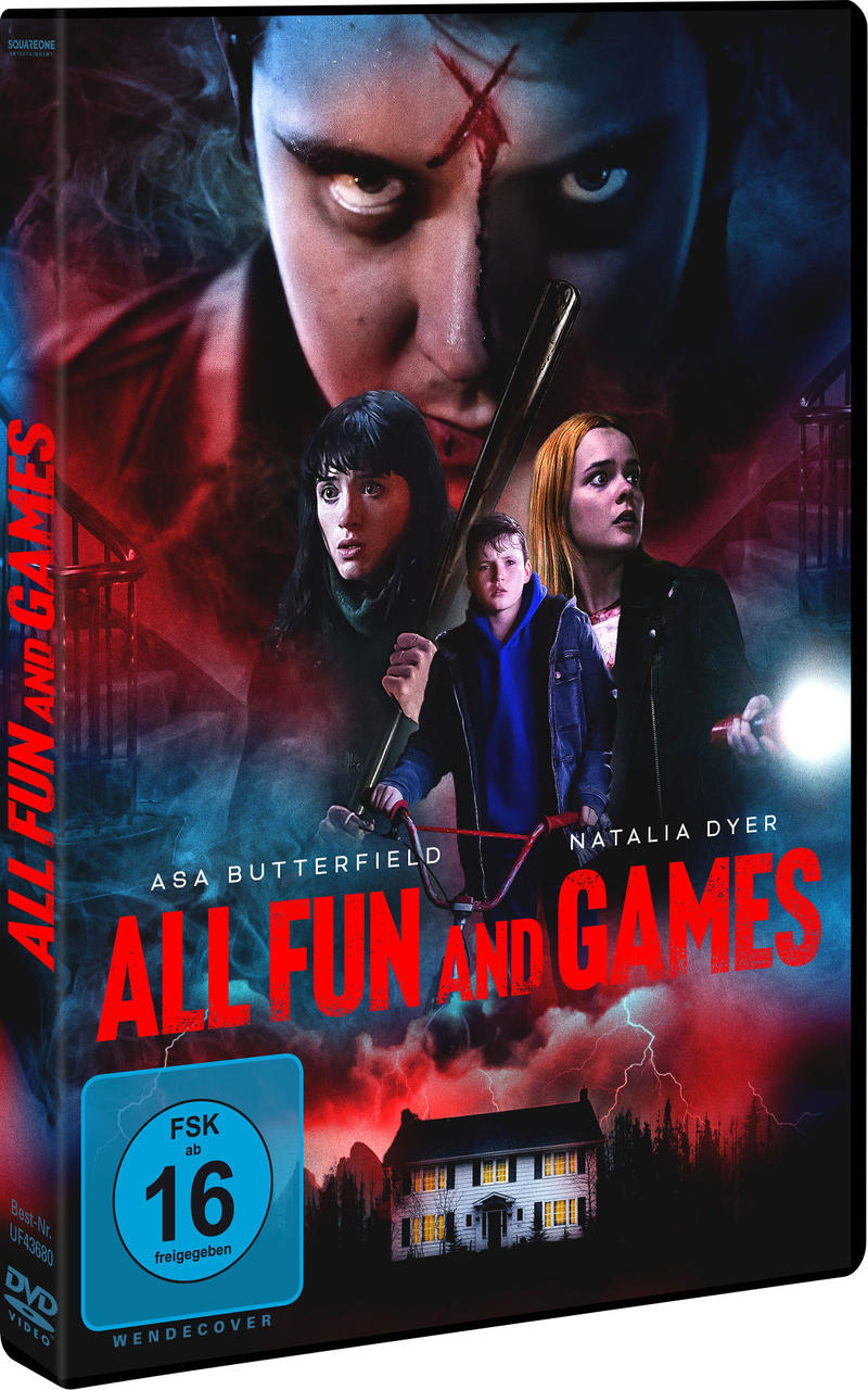 Filmcover: 'All Fun and Games' mit Gesichtern der Schauspieler und einem Haus.