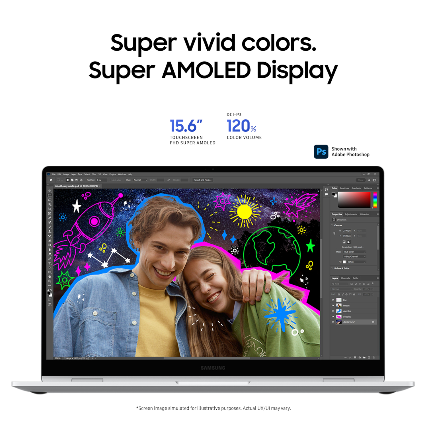Laptop shows two people with drawings on screen. Text: Super vivid colors. Super AMOLED.