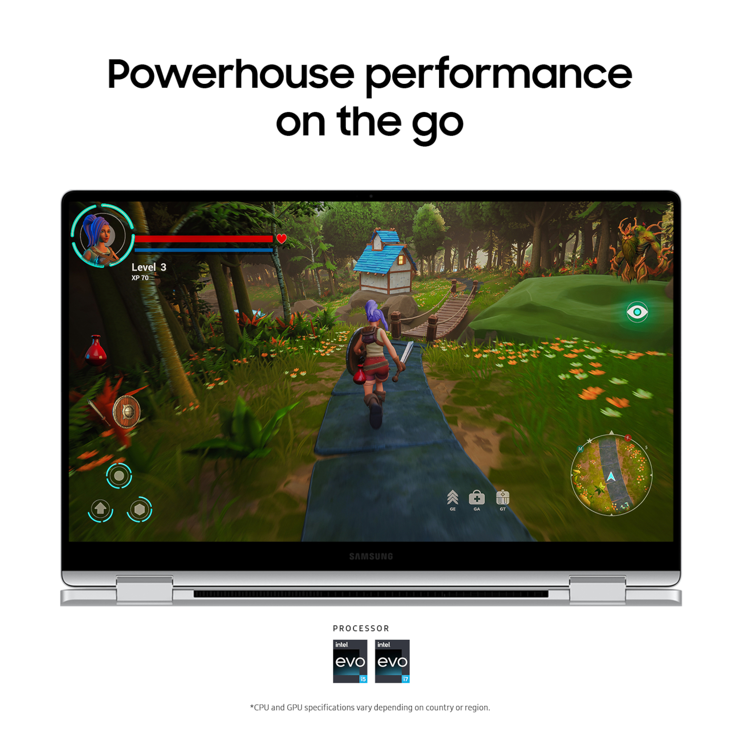 Laptop screen with a game scene. Text says 'Powerhouse performance on the go'. Intel EVO logos are shown.