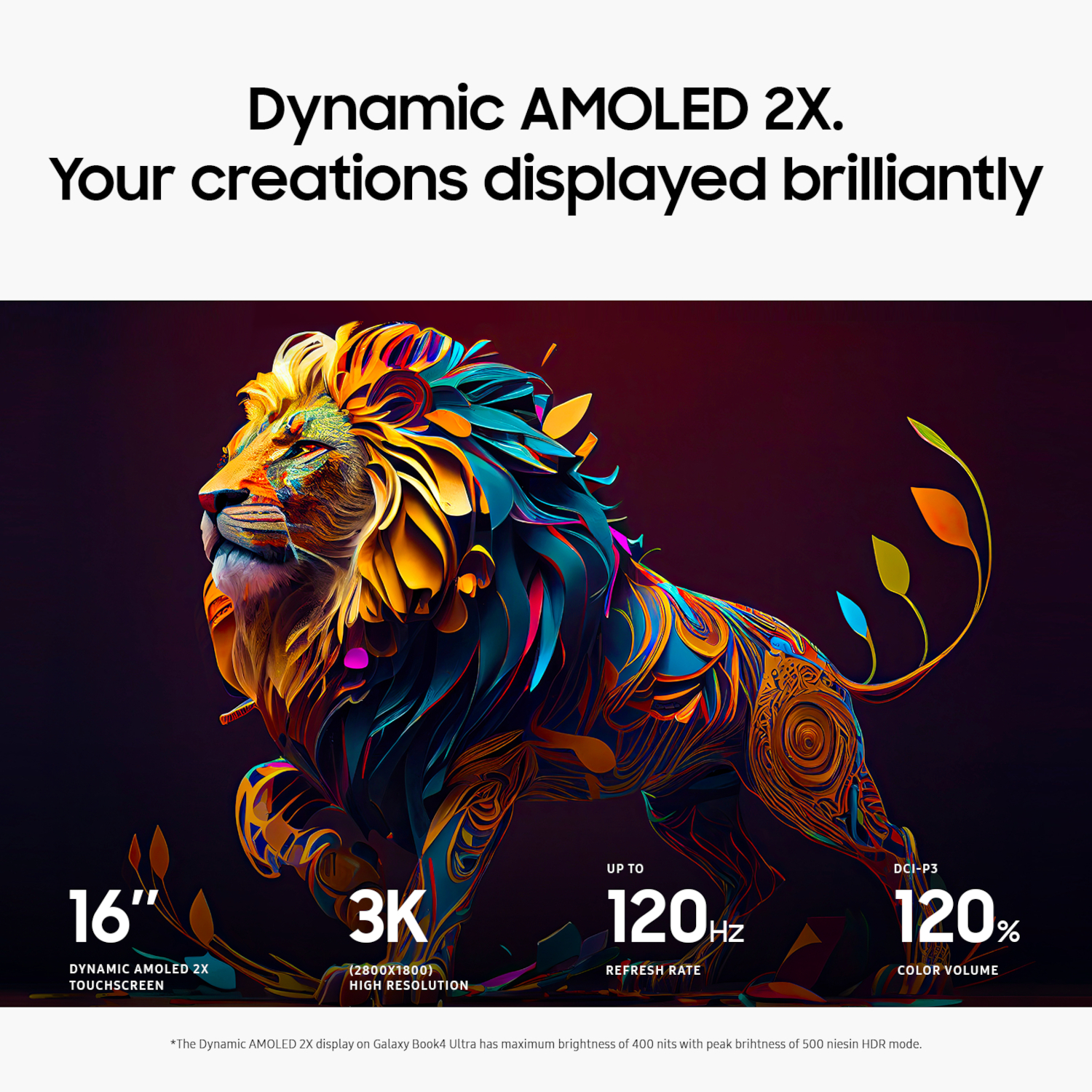 Illustration artistique d'un lion avec texte sur les caractéristiques d'affichage : 16", 3K, 120Hz, 120% volume couleur.