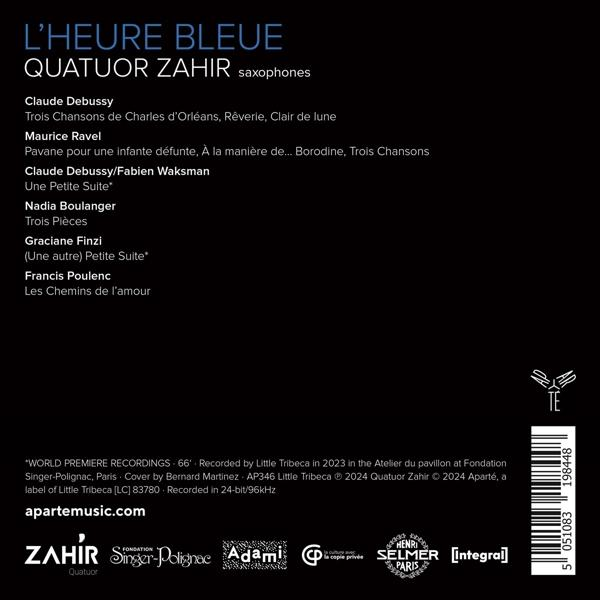 Albumcover: Text auf weißem Hintergrund. Titel: L'Heure Bleue. Künstler: Quatuor Zahir. Enthält Titelliste.