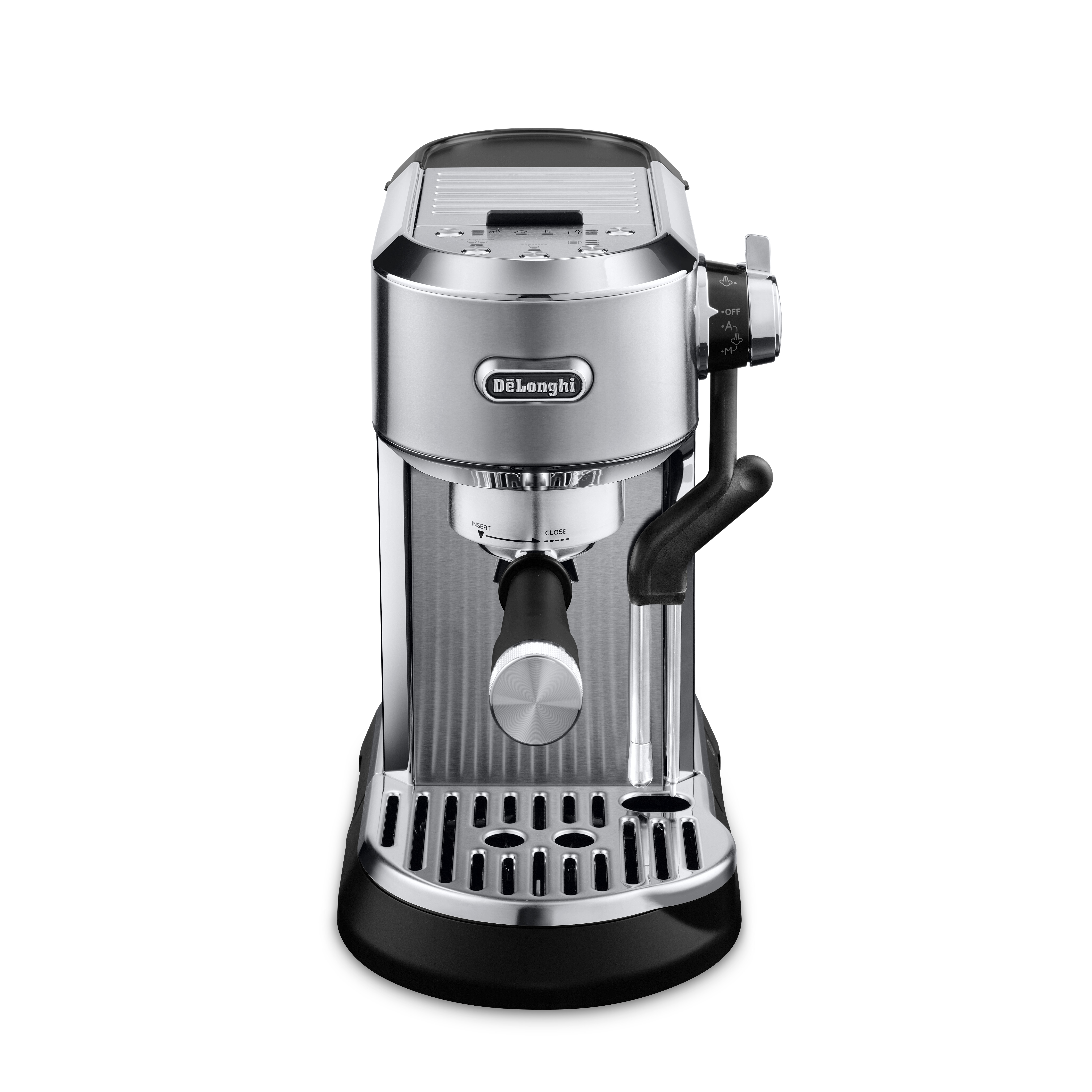 Eine Espressomaschine aus Edelstahl von De'Longhi auf weißem Hintergrund.