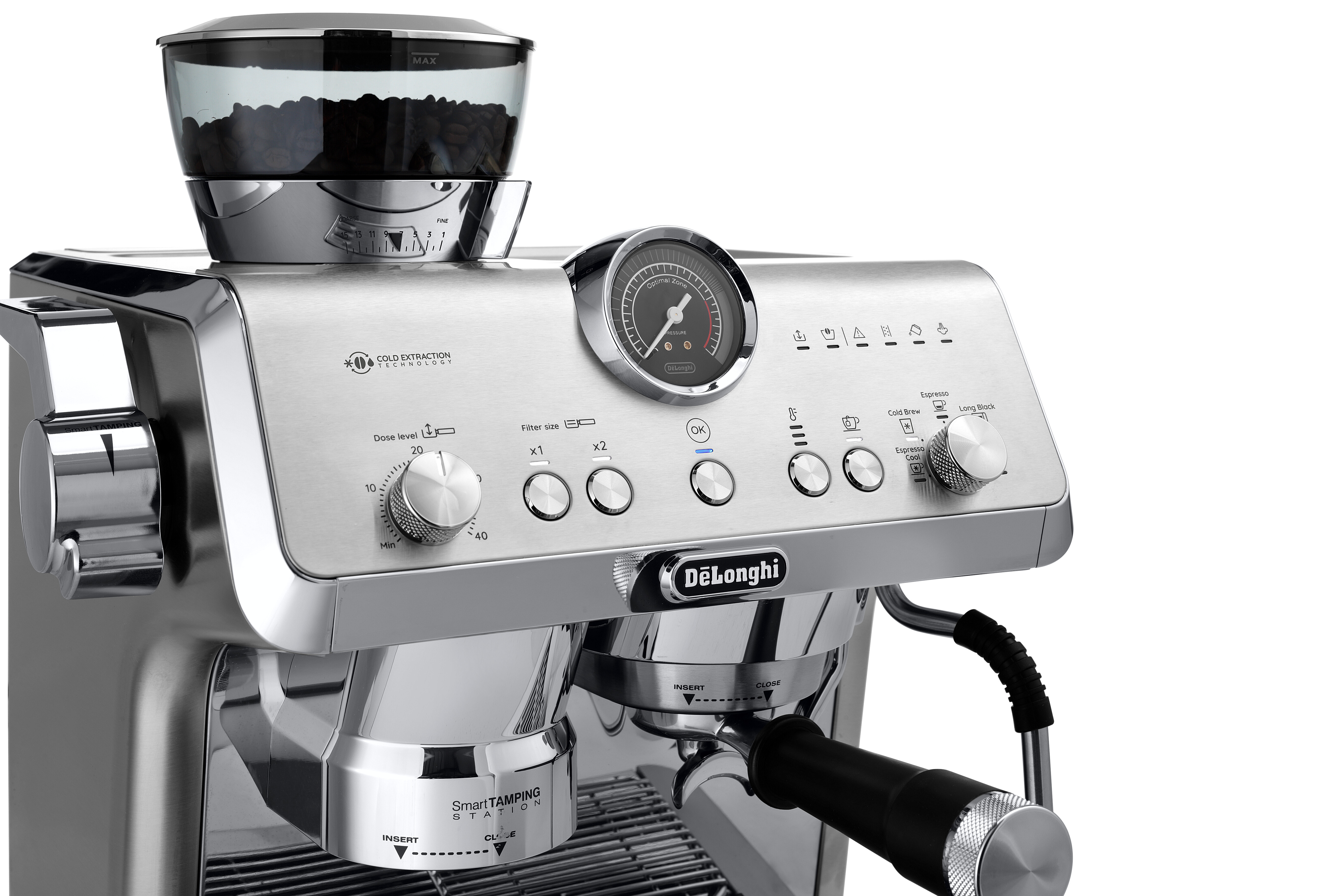 Silber-schwarze De'Longhi Espressomaschine mit Mahlwerk und Zifferblättern.