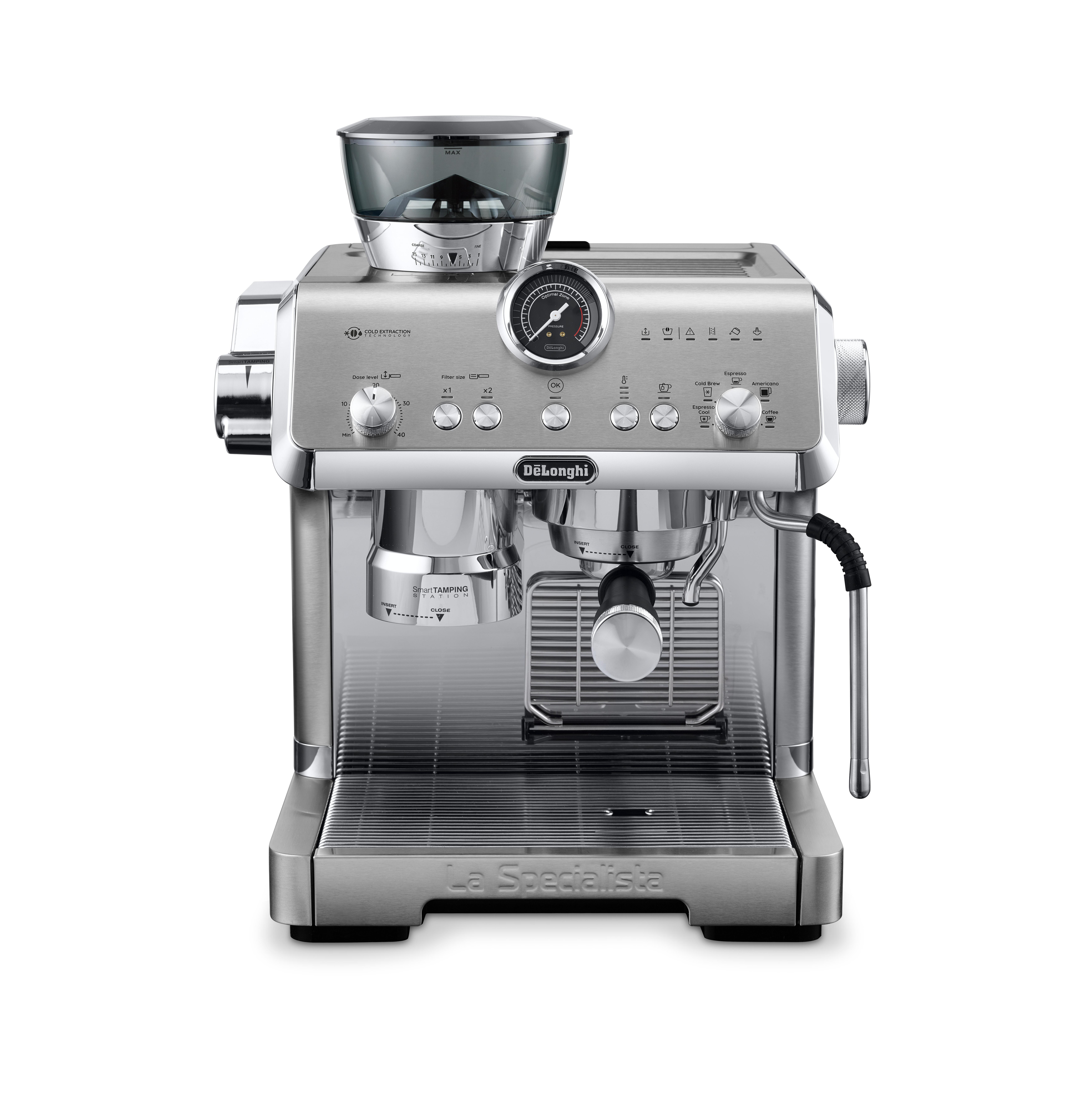 Eine Espressomaschine aus Edelstahl, La Specialista.