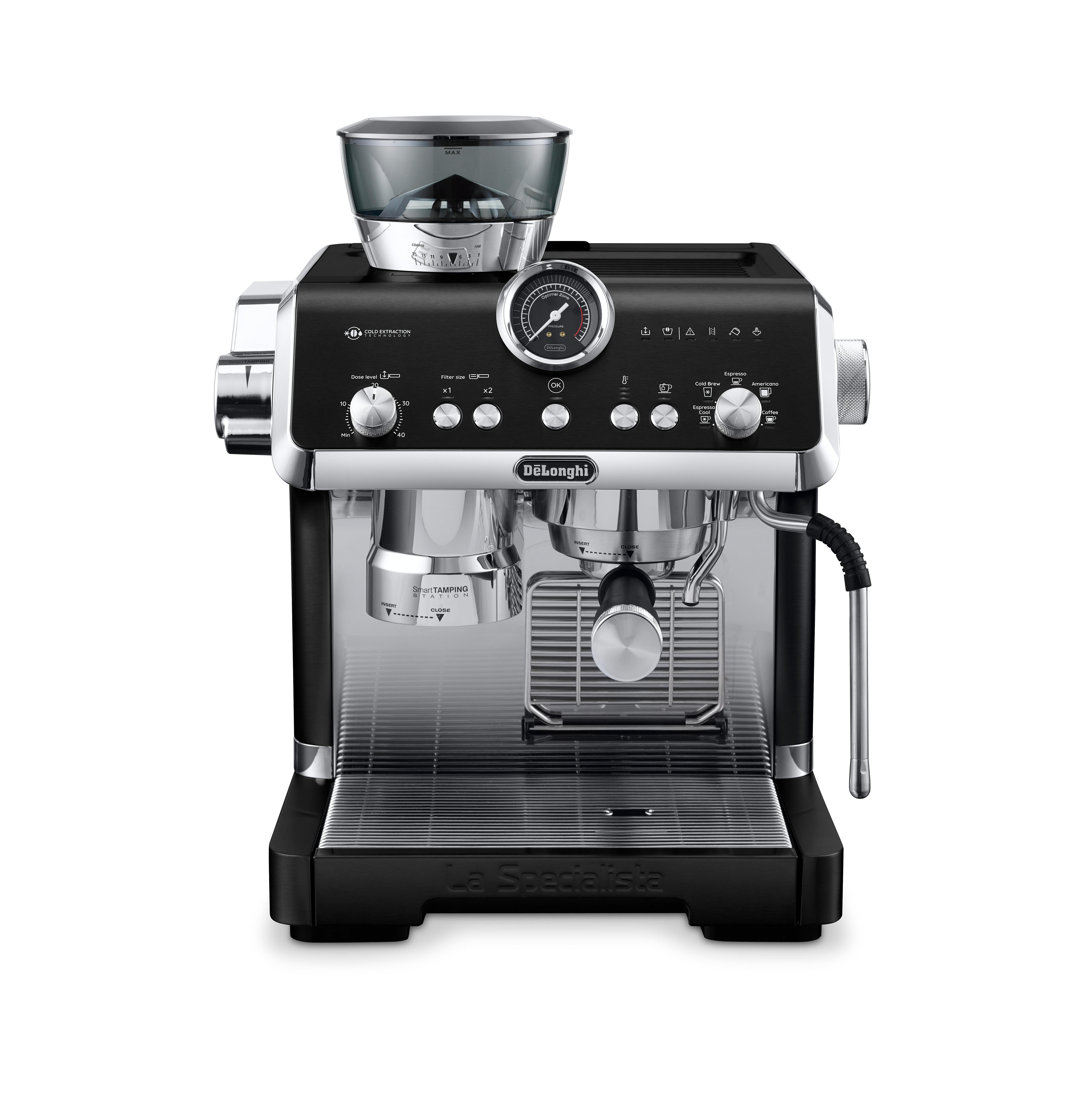 Eine schwarz-silberne DeLonghi La Specialista Kaffeemaschine wird vor weißem Hintergrund gezeigt.