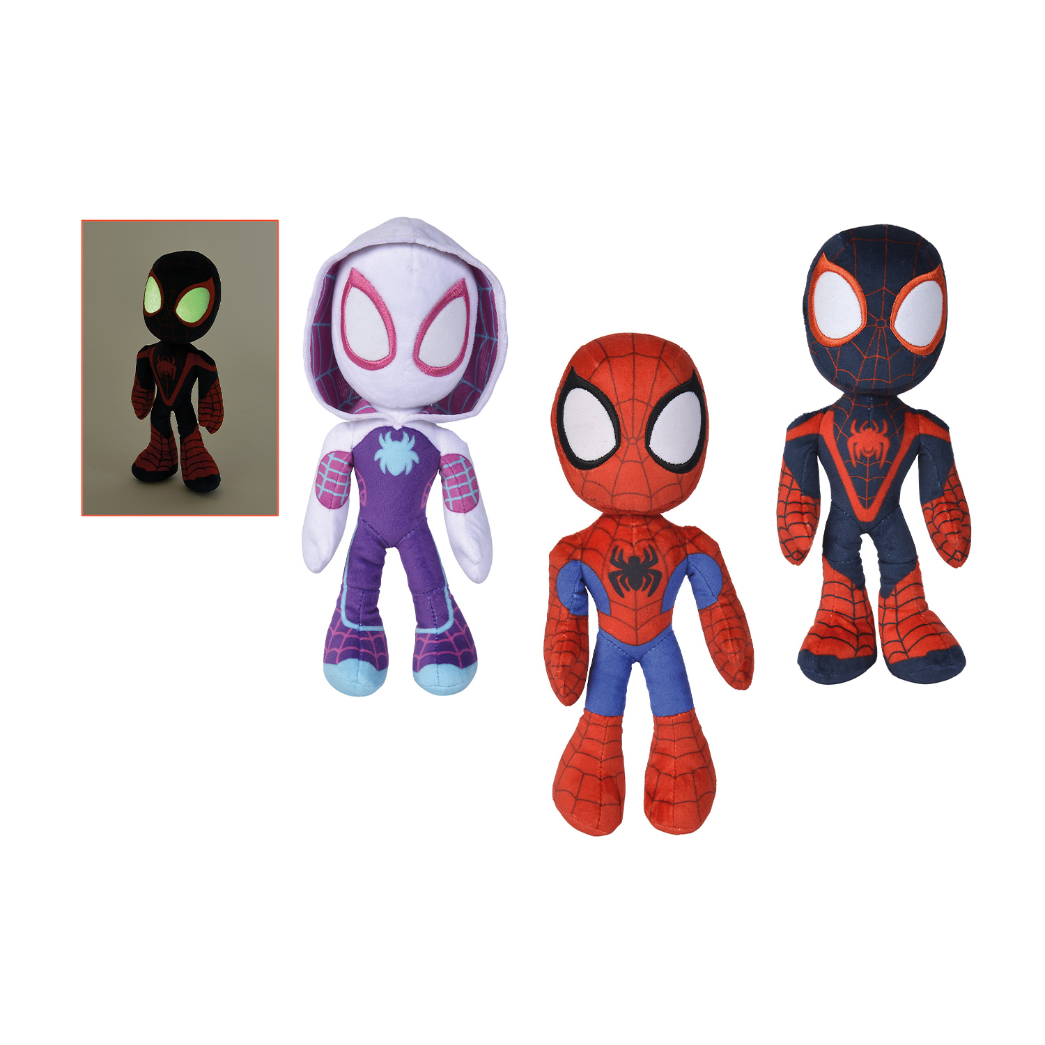 Tre peluche di Spider-Man. Uno si illumina al buio. Uno è Spider-Gwen. Sfondo bianco.