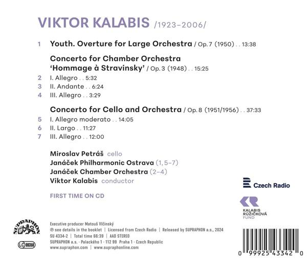 Rückseite einer CD von Viktor Kalabis, mit Kompositionen für Orchester, Cello und Kammerorchester.