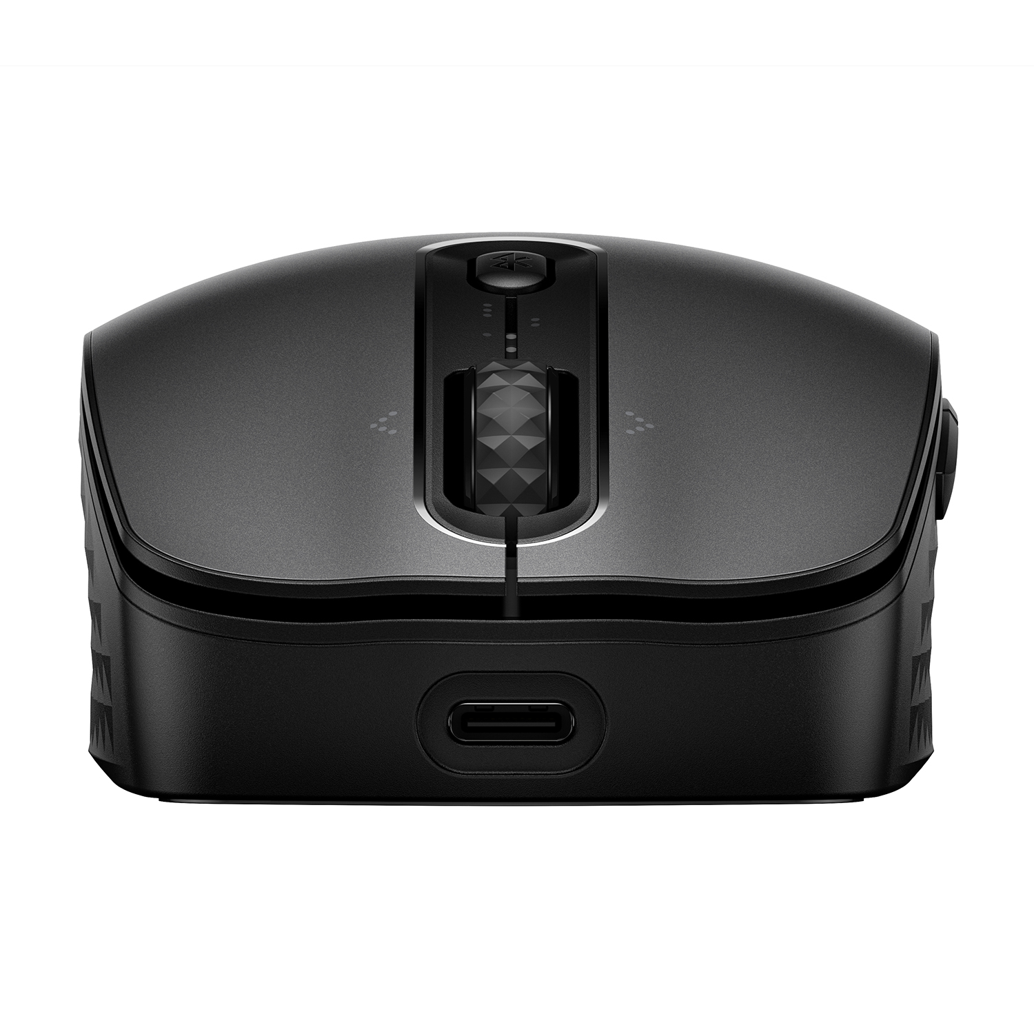Un mouse per computer nero con una rotella di scorrimento e una porta USB-C, visto dall'alto.