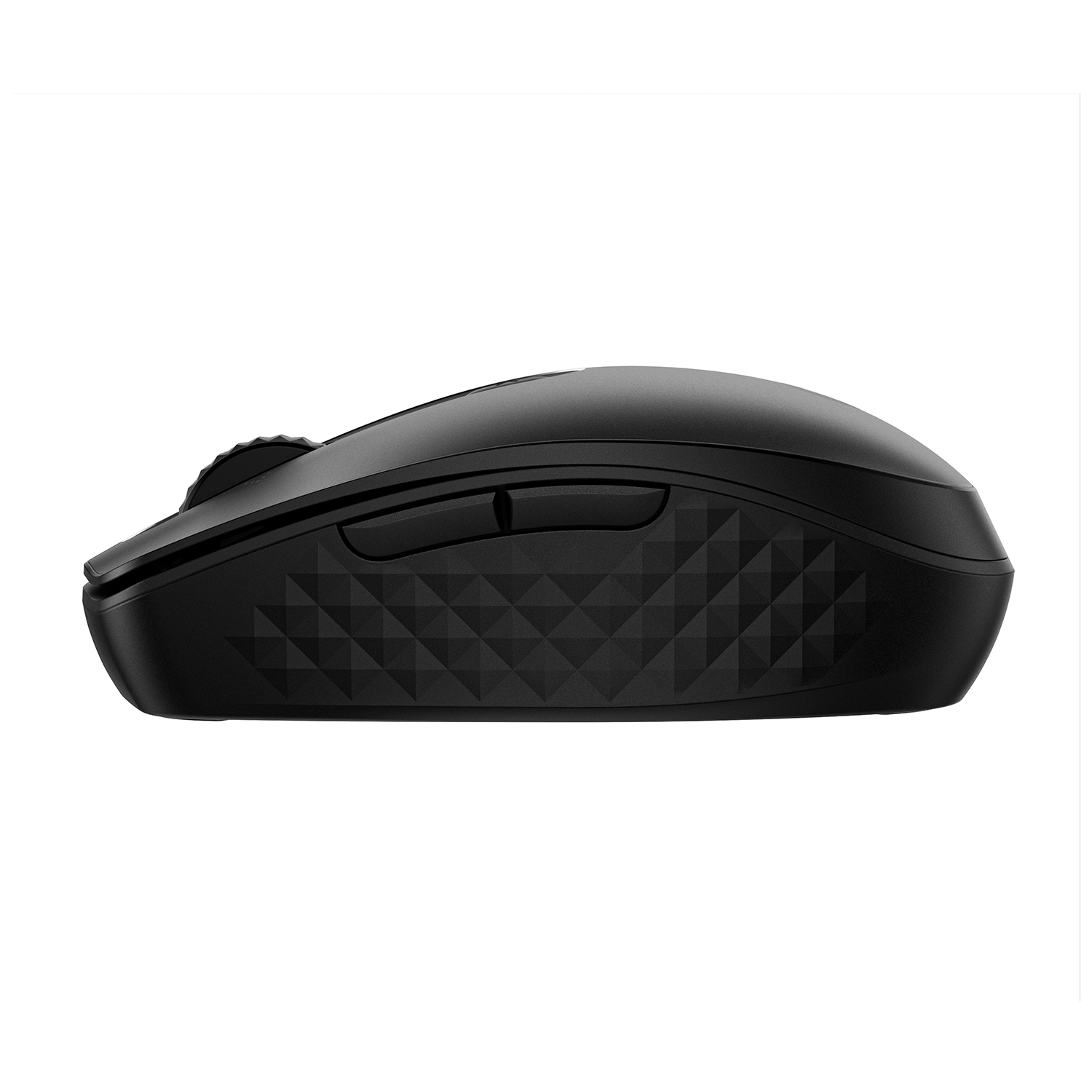 Mouse wireless nero. Profilo laterale con due pulsanti e una rotella. Motivo a diamante sul lato.