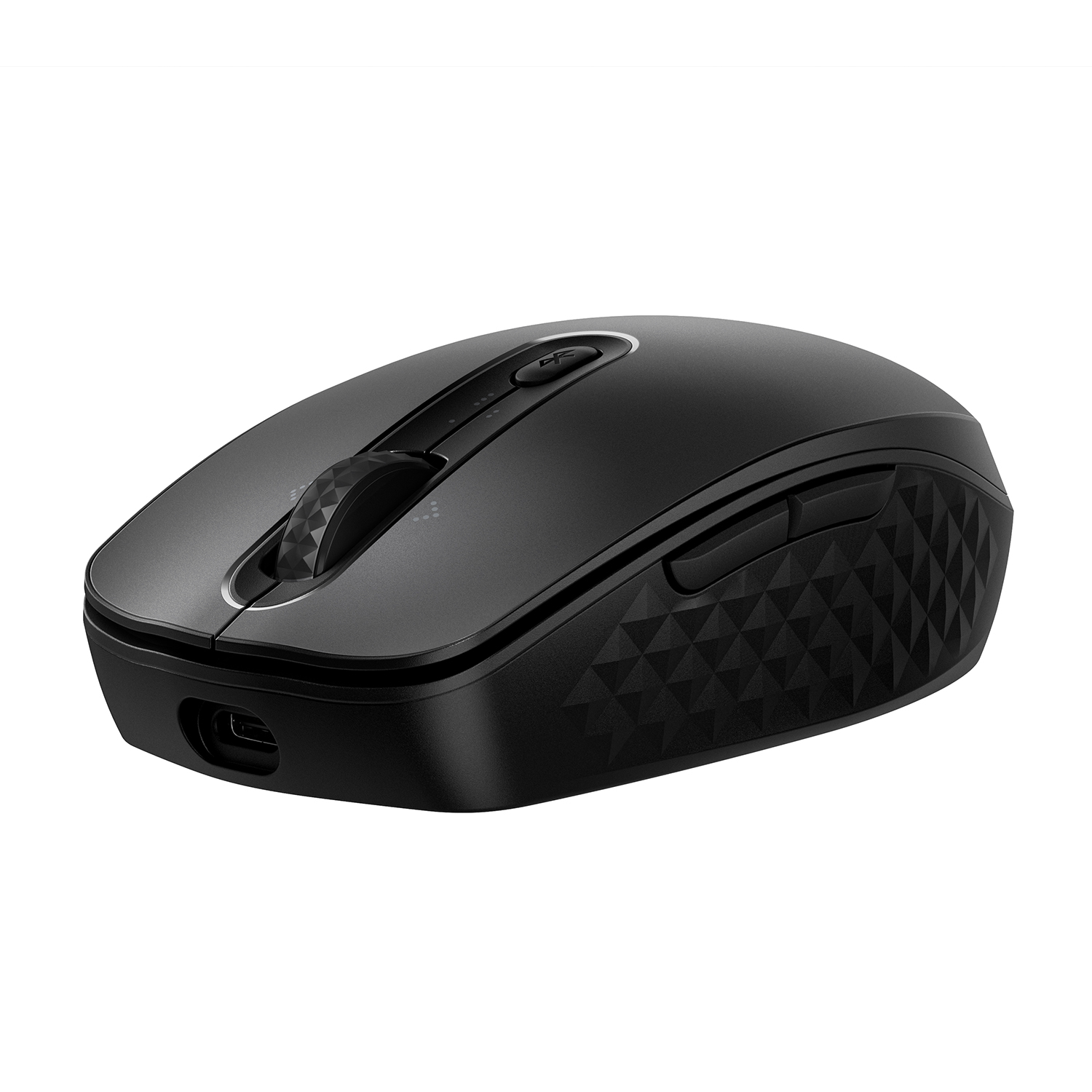 Mouse wireless nero con rotella di scorrimento. Motivo a diamante sul lato.