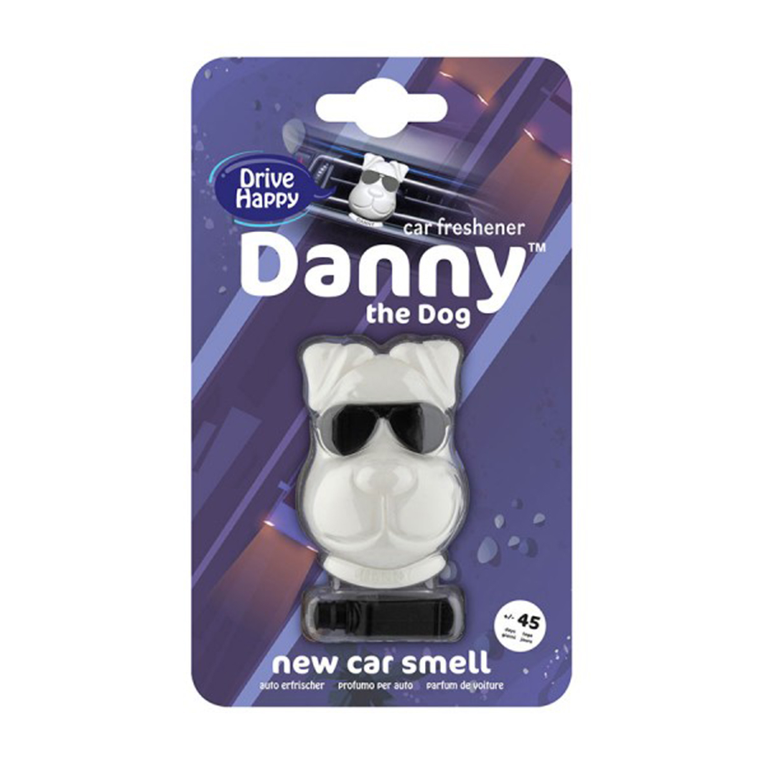 Profumatore per auto. Cane bianco con occhiali da sole, testo 'Danny the Dog'. Profumo di auto nuova.