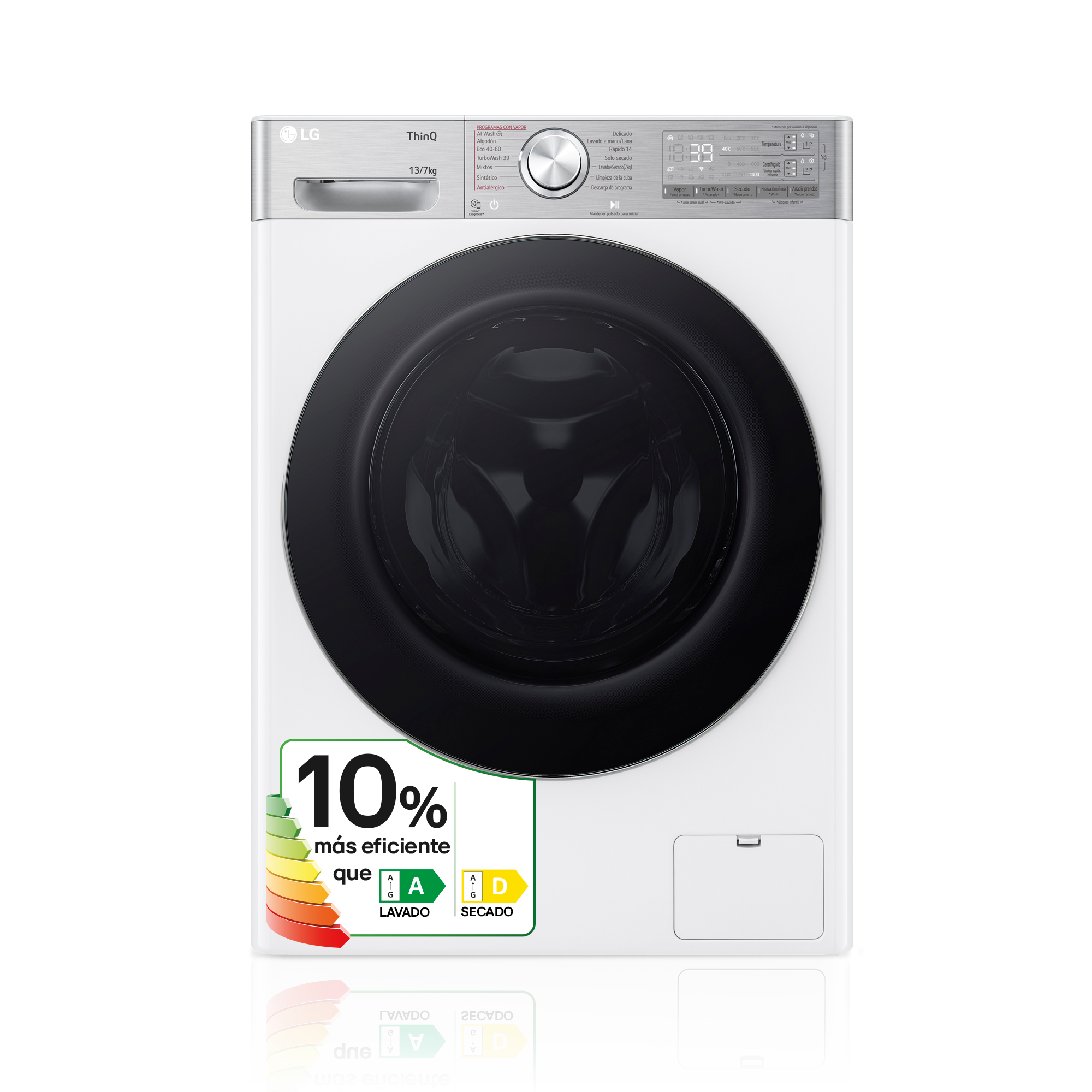 Lavadora LG blanca con puerta y panel de control negros, y una etiqueta de eficiencia energética.