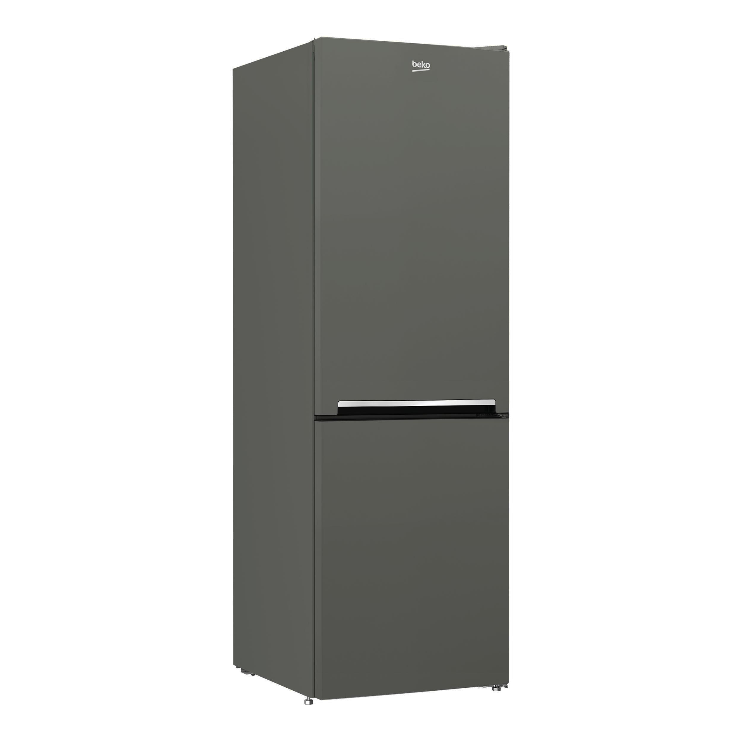 Ein dunkelgrauer Beko Kühlschrank mit zwei Türen, schwarzer Hintergrund.
