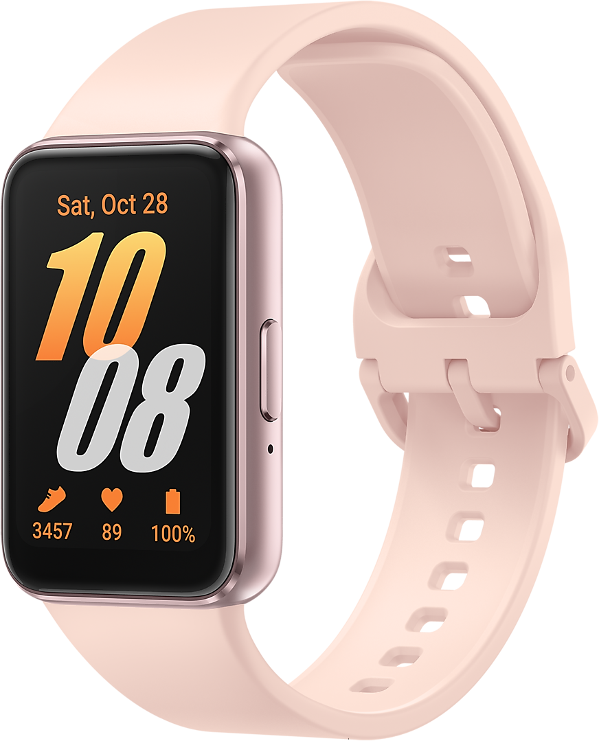 Eine rosa Smartwatch mit rosa Armband. Der Bildschirm zeigt Datum und Uhrzeit.