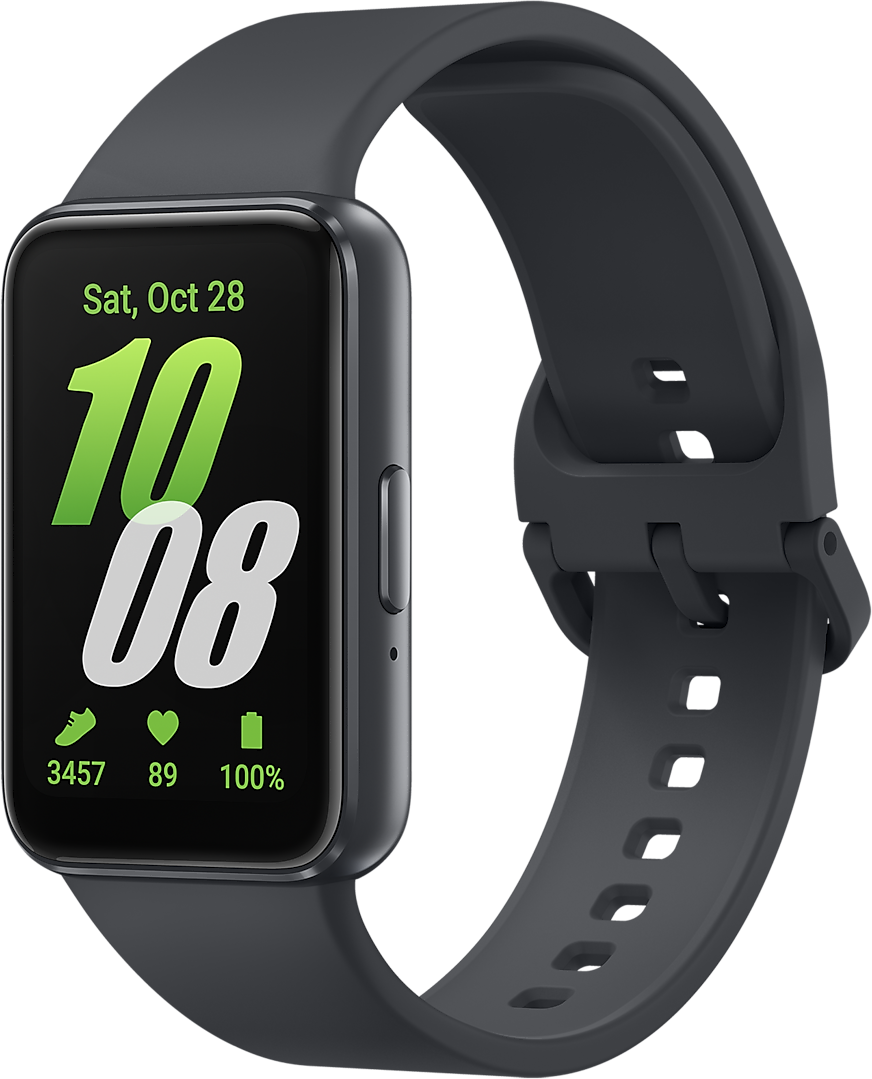 Egy fekete okosóra szürke szíjjal, amely időt és egészségügyi mutatókat jelenít meg. A szíj be van zárva.