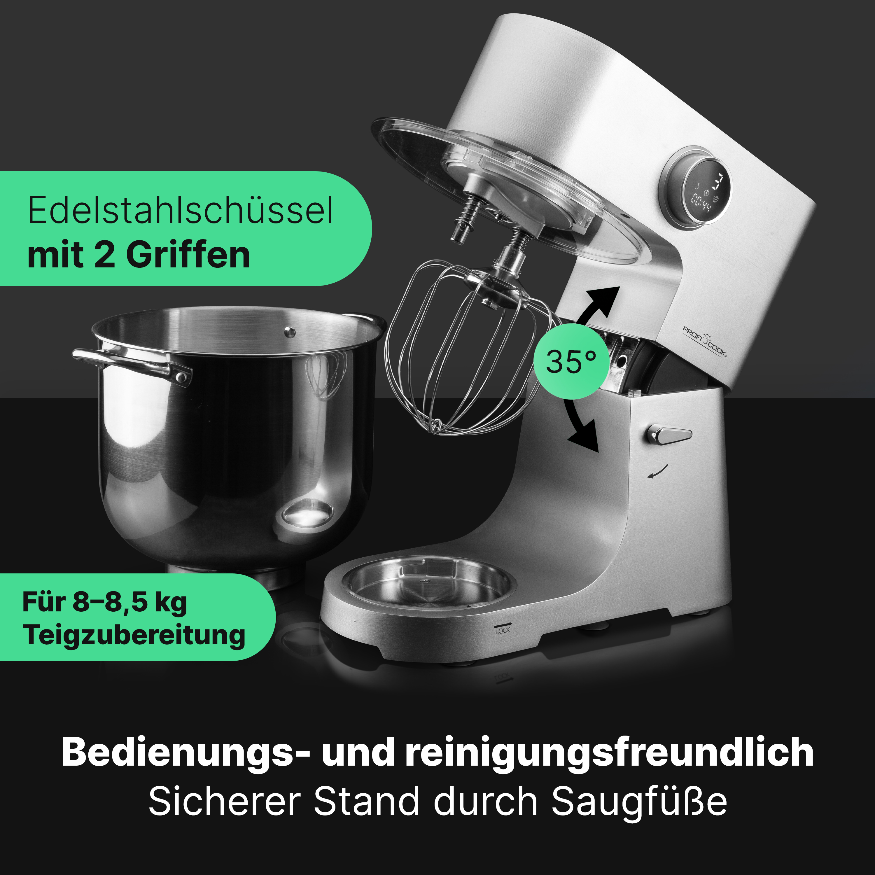 Ein silberner Küchenmixer mit Schüssel, Schneebesen und Text zur Beschreibung der Funktionen.